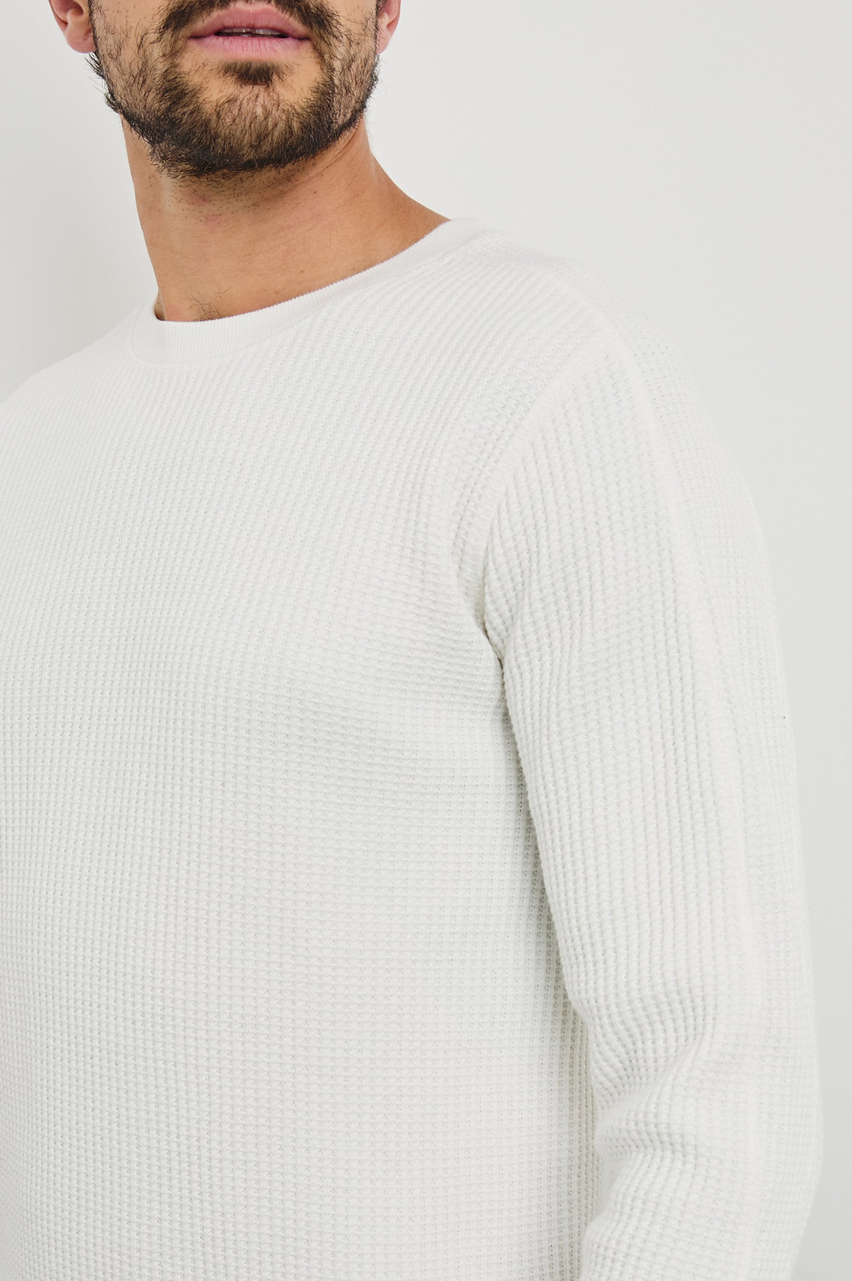 Wade Long-Sleeve Waffle Knit Thermal with a Crew Neck in White Colorway - Front View Featured on Model