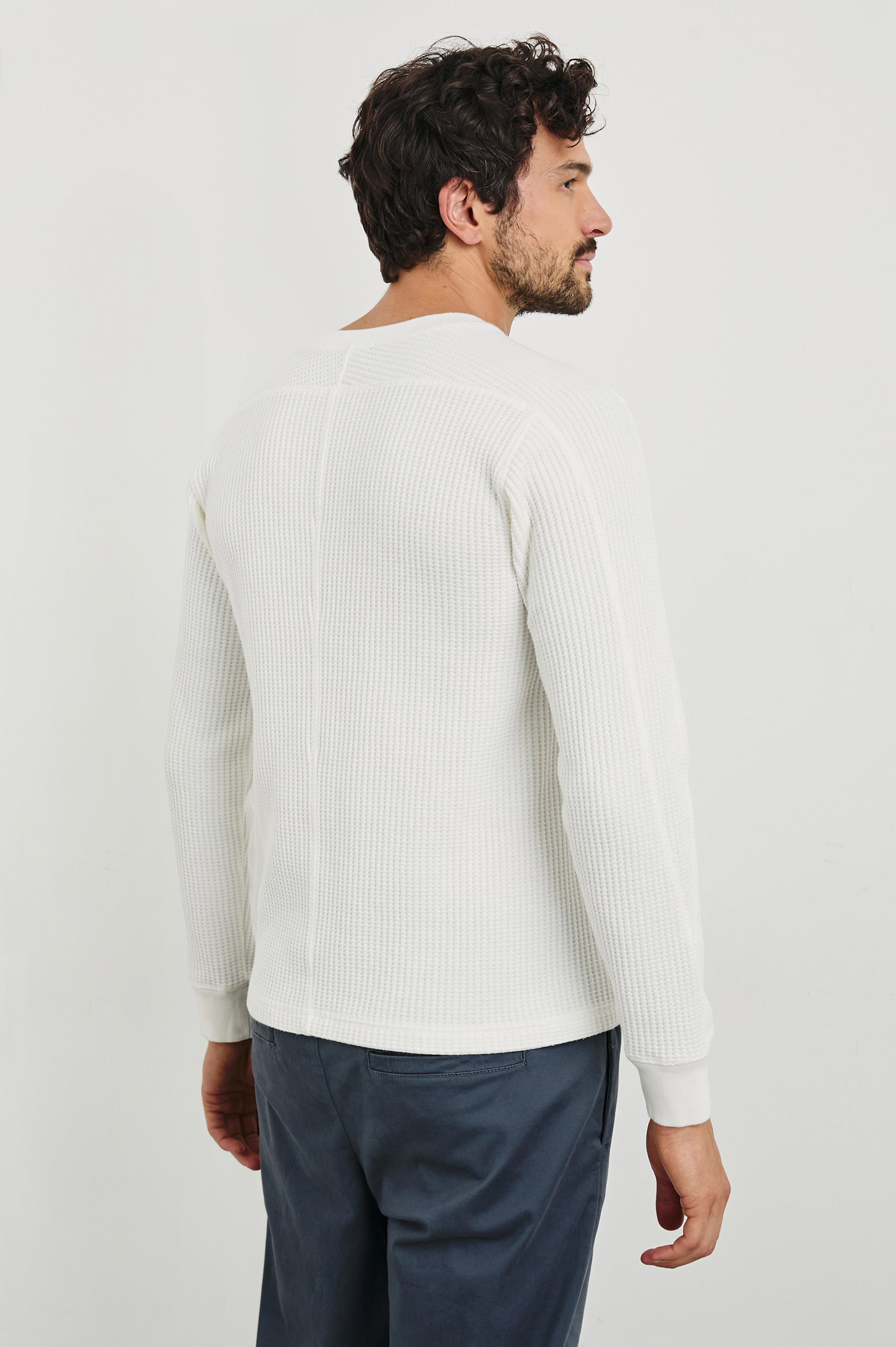 Wade Long-Sleeve Waffle Knit Thermal with a Crew Neck in White Colorway - Back View Featured on Model