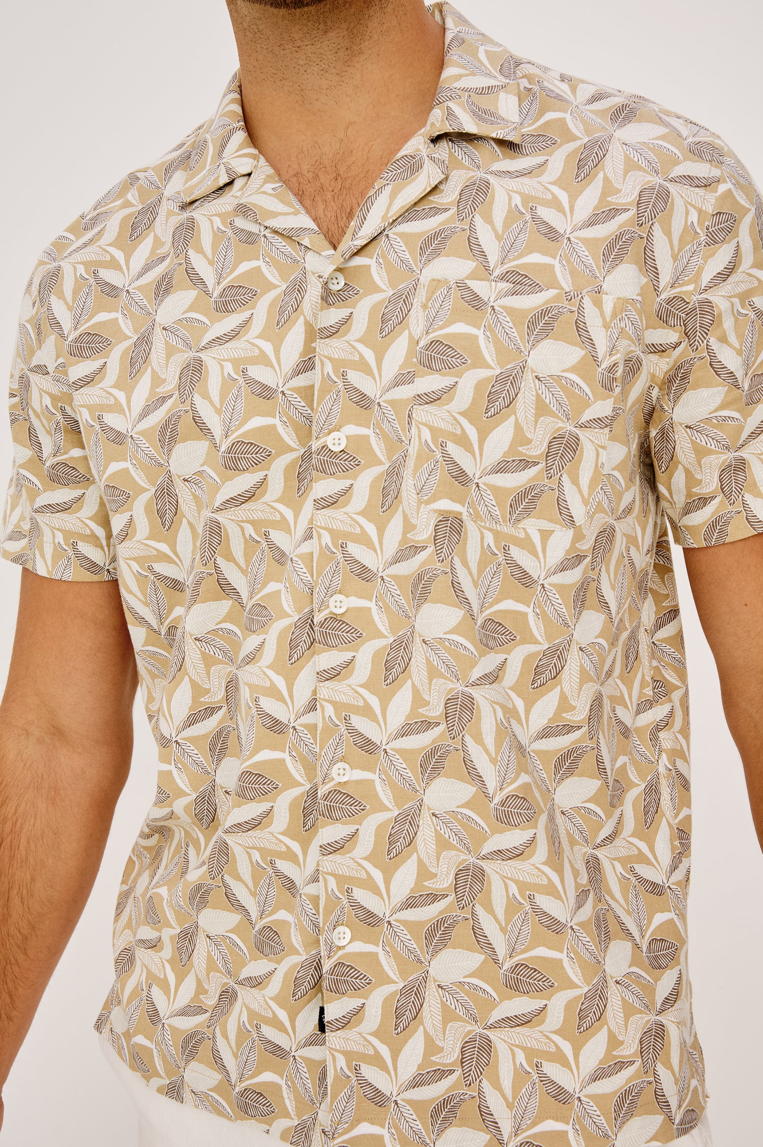 Waimea Short-Sleeve Button Up with a Chest Patch Pocket in Banana Leaf Khaki Colorway,  Front Close up View Featured on Model