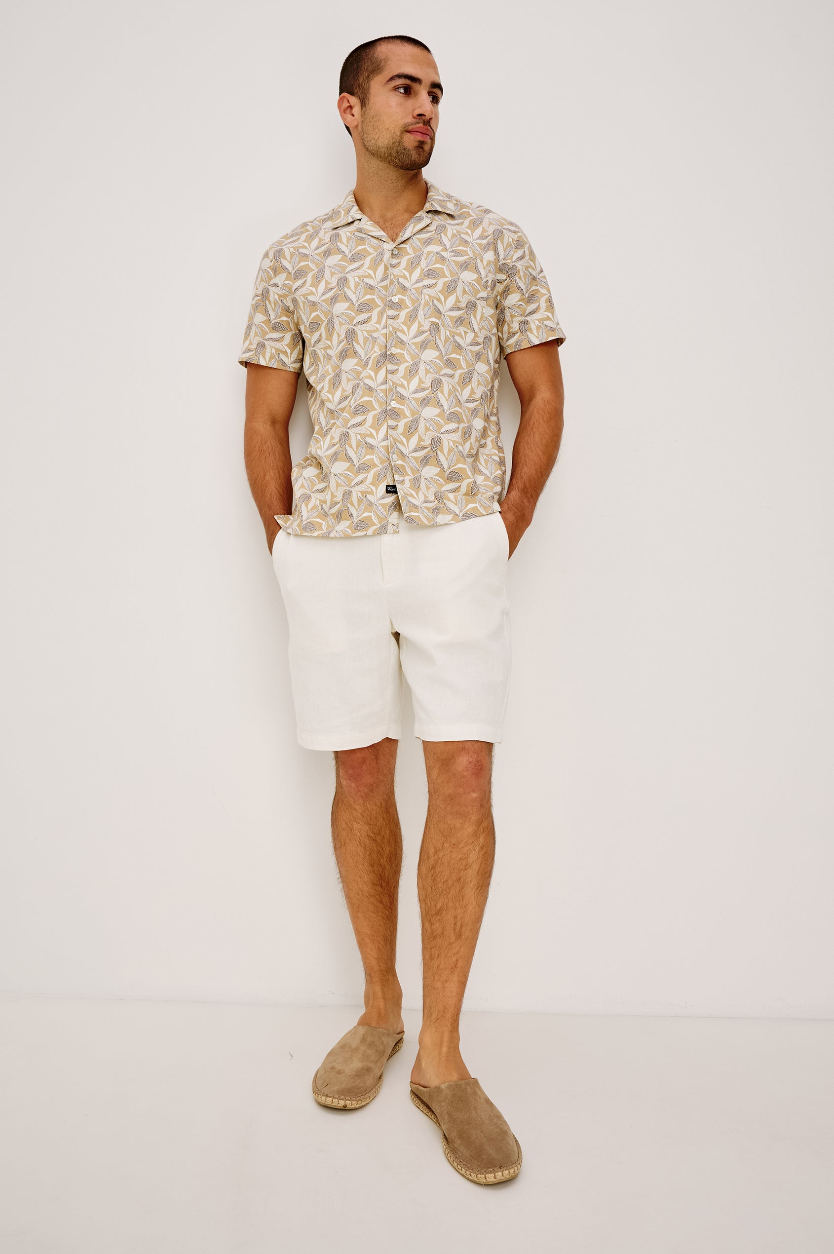 Waimea Short-Sleeve Button Up with a Chest Patch Pocket in Banana Leaf Khaki Colorway,  Front View Featured on Model