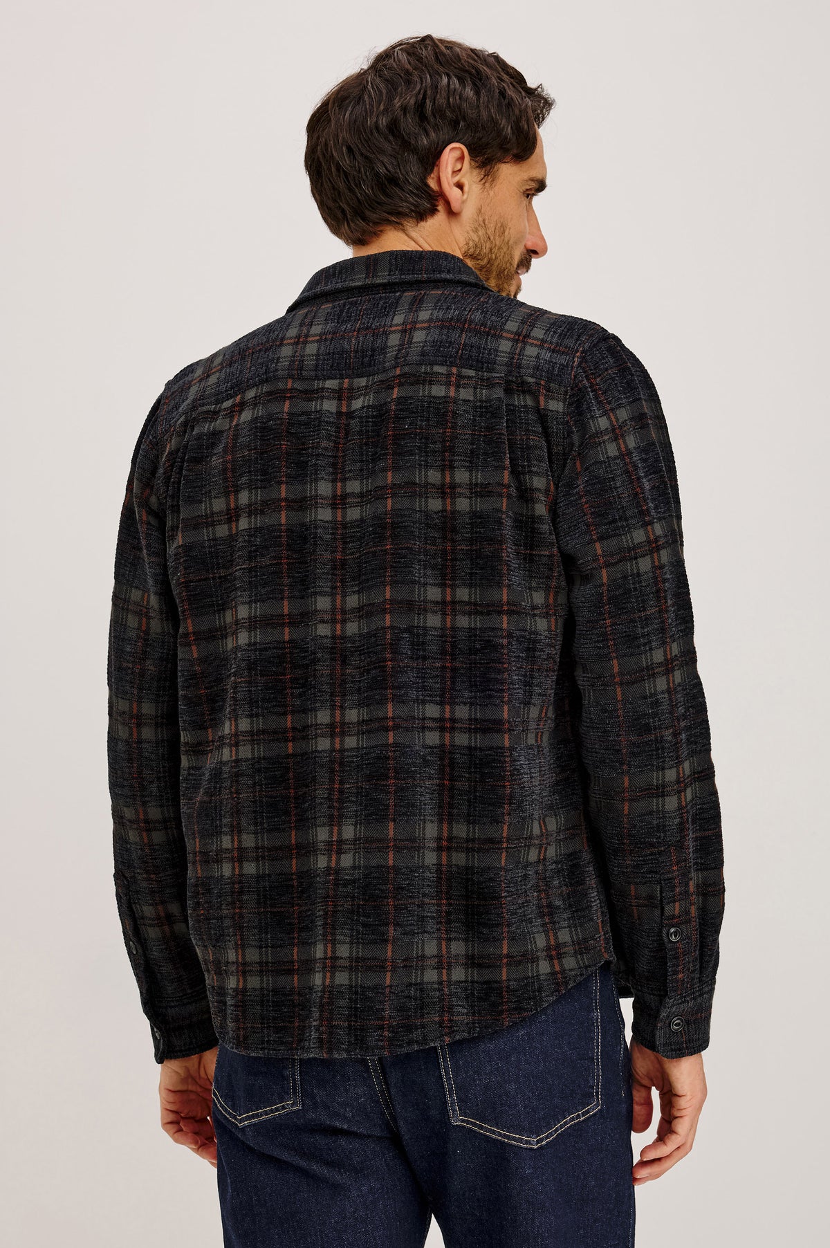 Warren Overshirt in Textured Chenille Cotton Blend With Collar, Button Front, and Dual Chest Flap Pockets in Black Smoke Ember Colorway - Upper Body Back View Featured on Model.