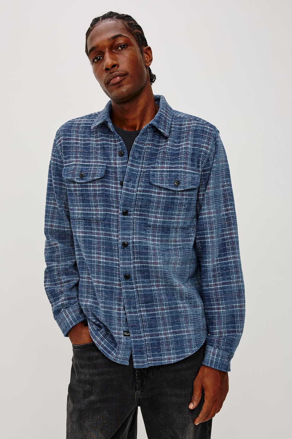 Warren Overshirt in Textured Chenille Cotton Blend With Collar, Button Front, and Dual Chest Flap Pockets in Dark Sky Chenille Colorway - Upper Body Front View Featured on Model.