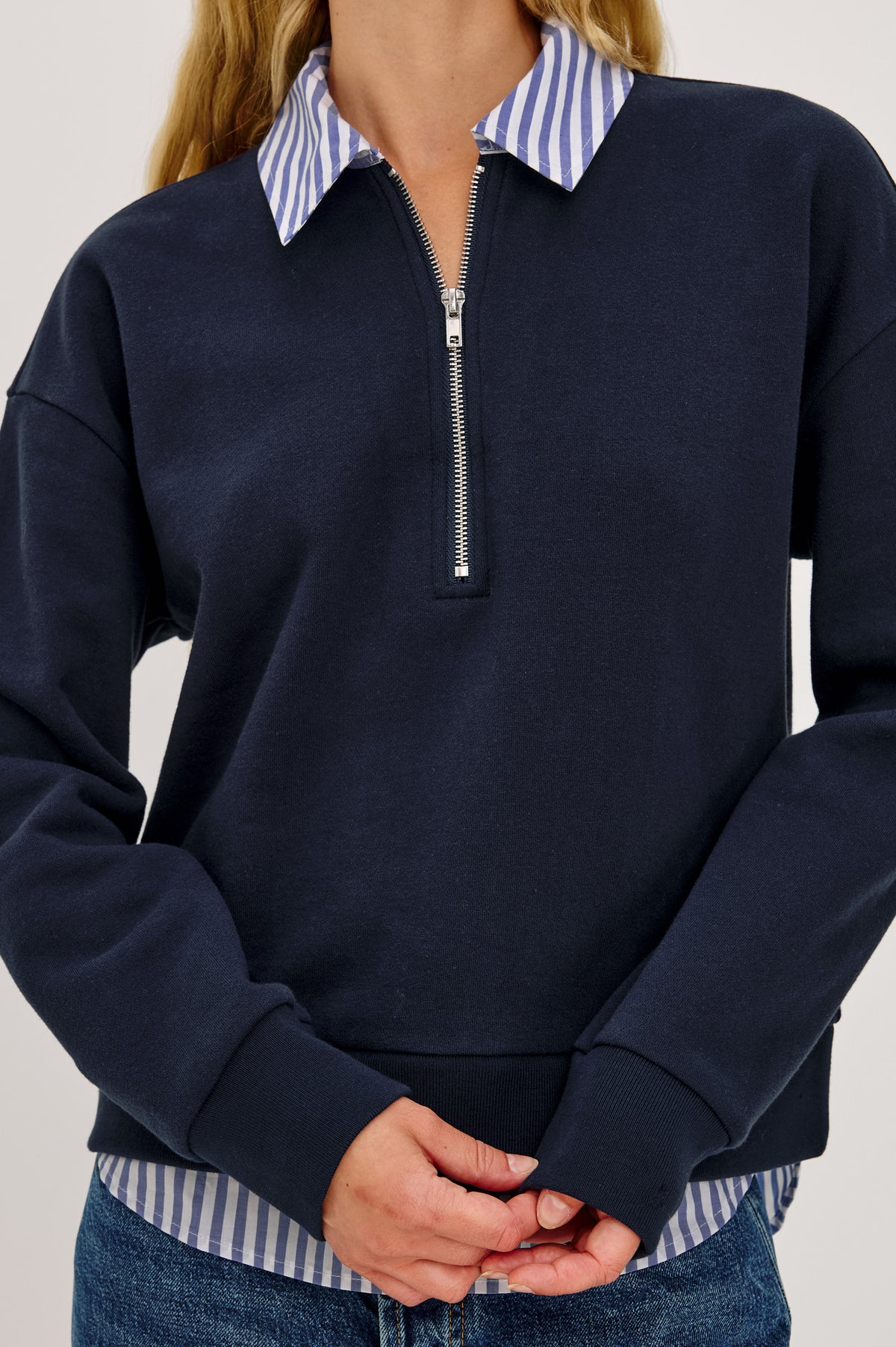 Waverly Sweatshirt in Soft Cotton With Half-Zip, Contrast Collar and Hem for Built-In Layering Effect, Relaxed, Boxy Fits, and Long Sleeves in Navy Colorway - Upper Body Front Detail View Featured on Model.
