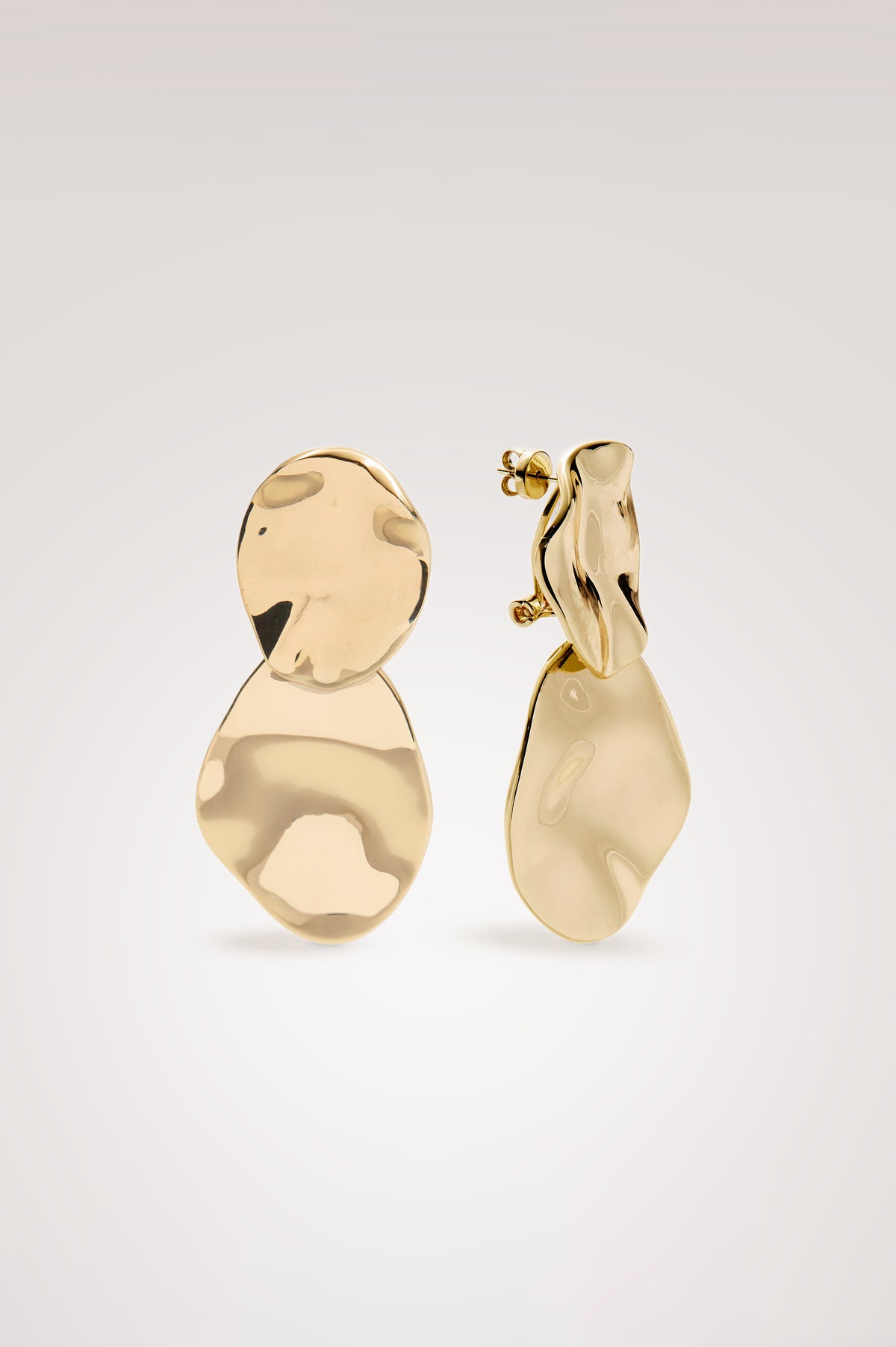 Wavy Drop Earrings With Engraved Rails Logo and Post Back Closure in Gold Colorway - Front view of product featured.