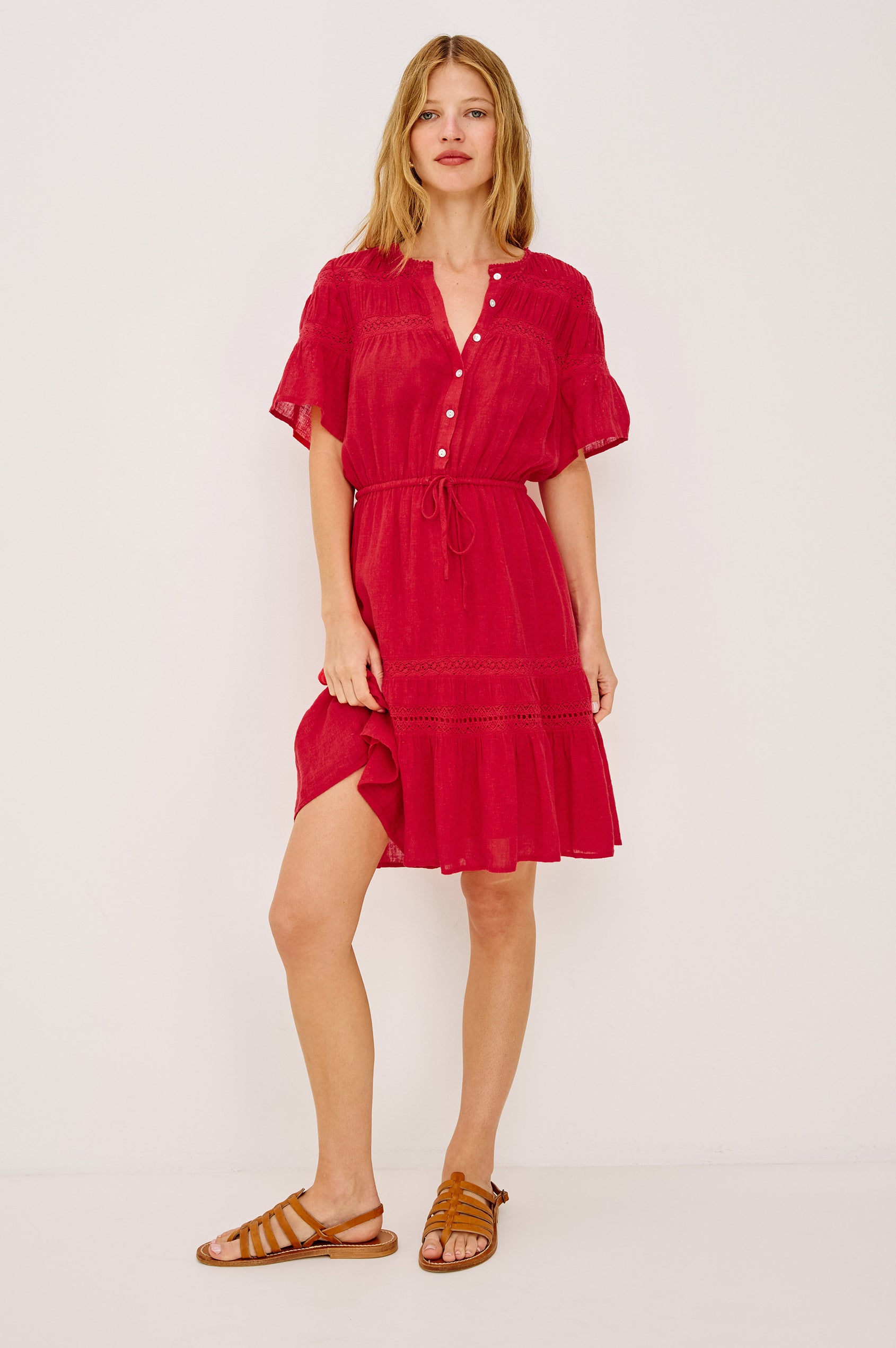 tomato red dress Juliann Sleeveless Belted Midi Dress-Tomato Large