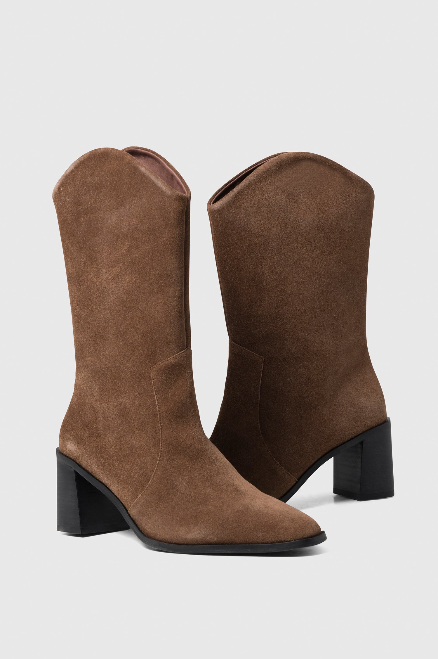 Worth mid calf pull on heeled Boot in sueded Brunette colorway - side view of shoe pair