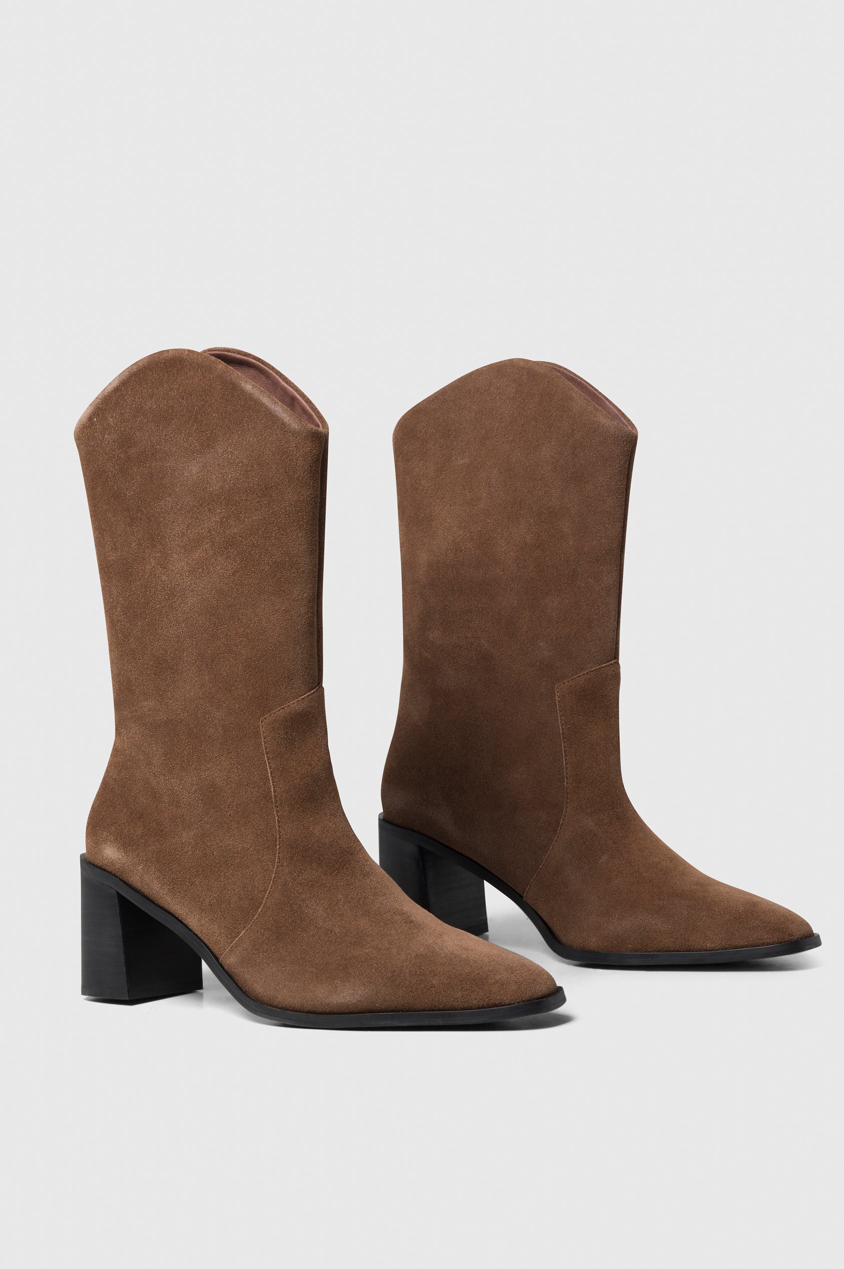 Worth mid calf pull on heeled Boot in sueded Brunette colorway - side view of shoe pair