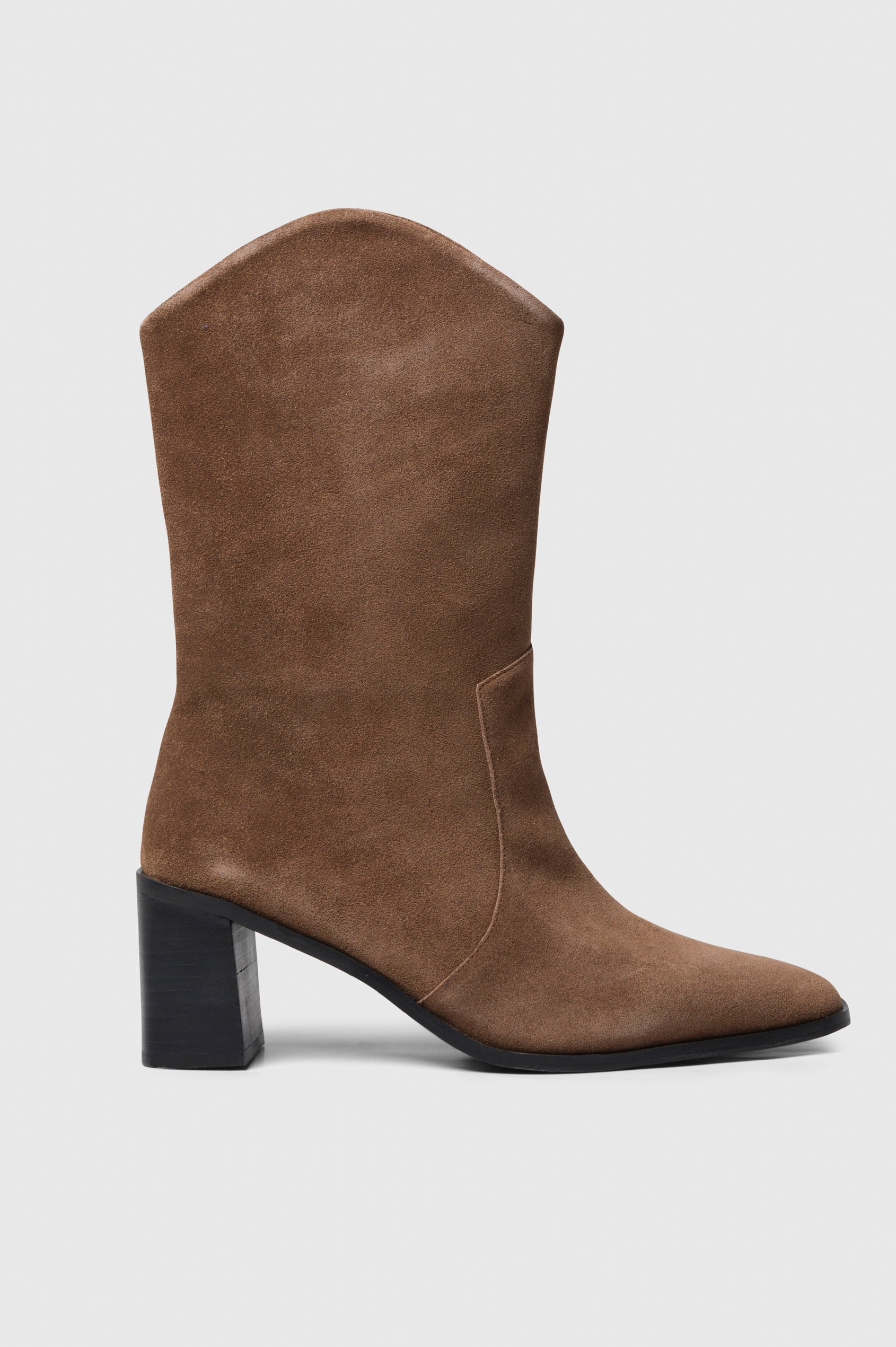 Worth mid calf pull on heeled Boot in sueded Brunette colorway - side view of single shoe