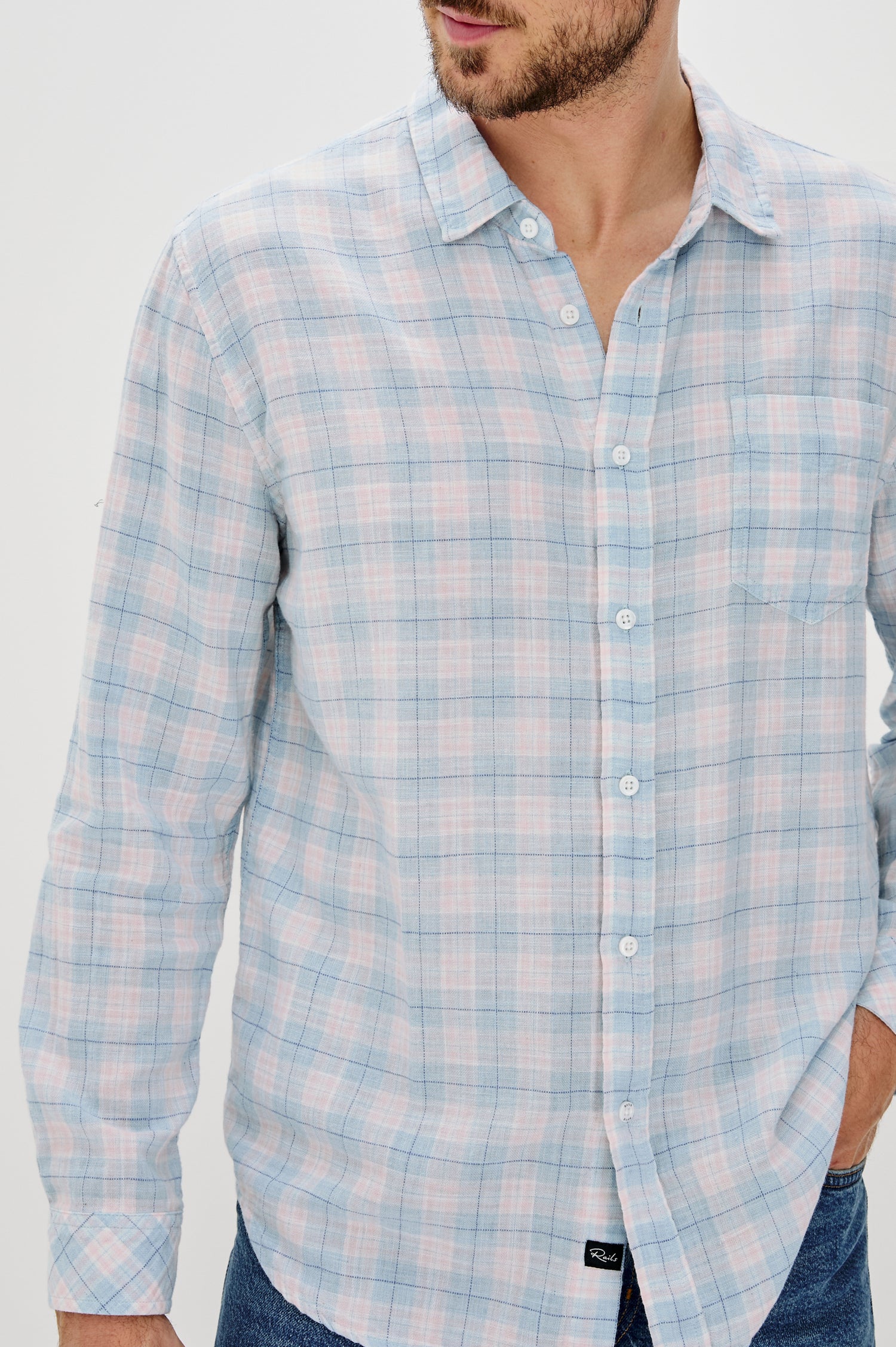 Wyatt Classic Button Up Long Sleeve Shirt with front chest pocket and plaid print in Apres Ocean Melange - close up of details on model