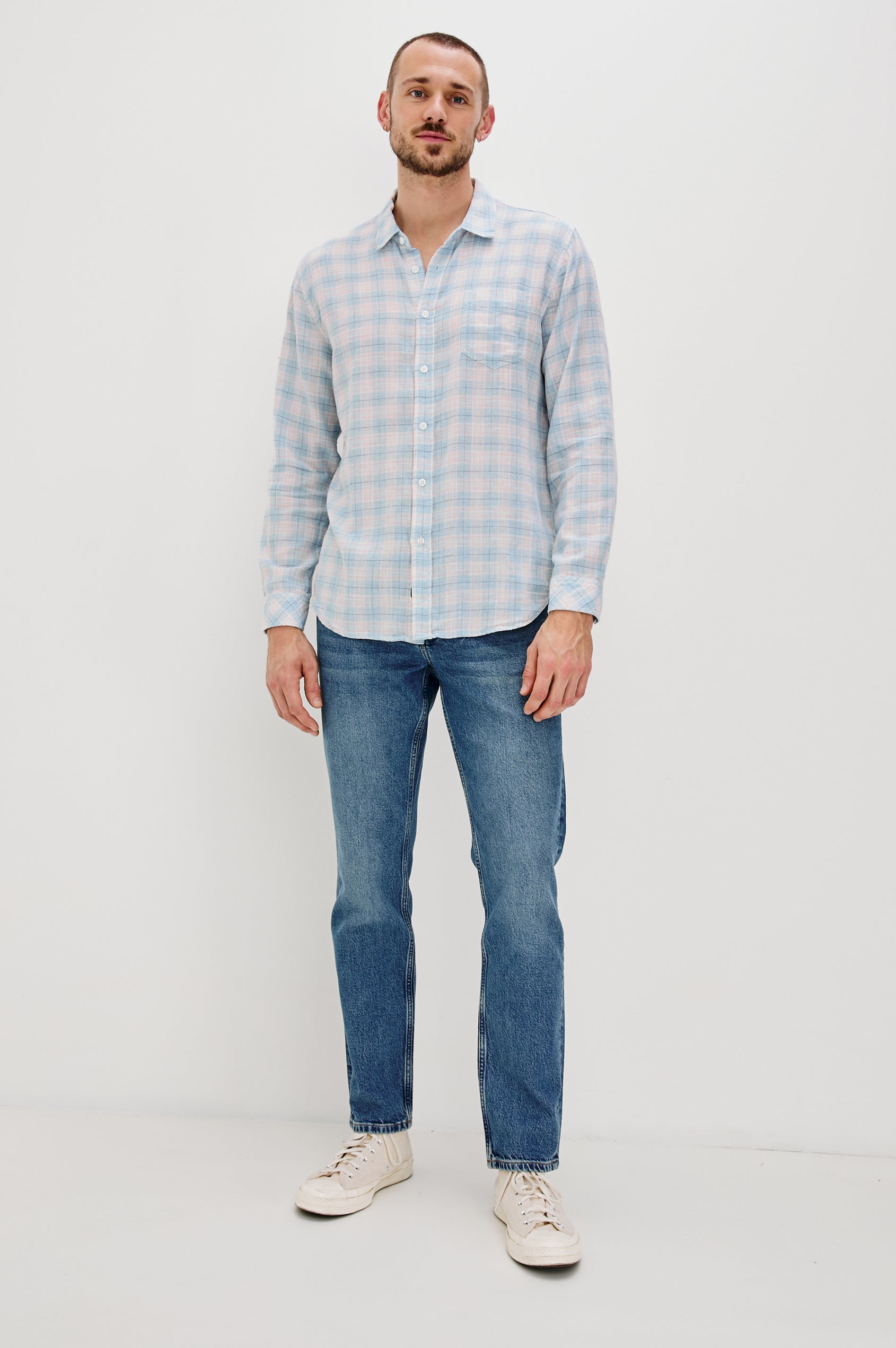 Wyatt Classic Button Up Long Sleeve Shirt with front chest pocket and plaid print in Apres Ocean Melange - full body front view on model