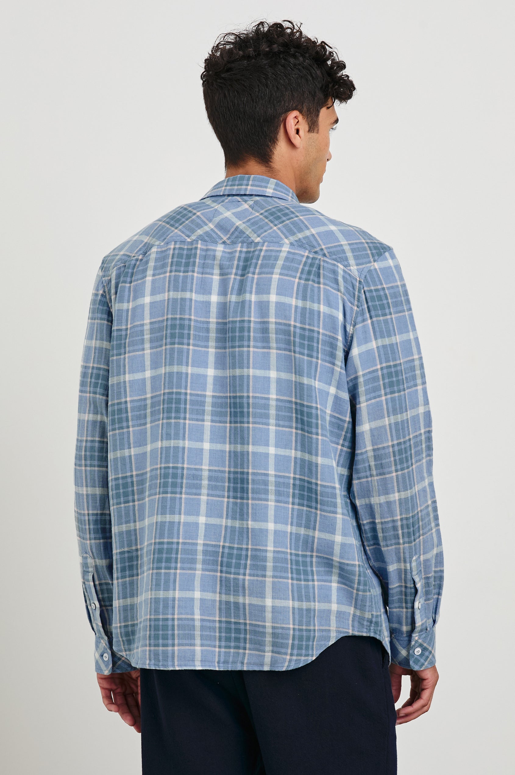 Wyatt Classic Button Up Long Sleeve Shirt with plaid print in Blue Ebi Melange - back view on model