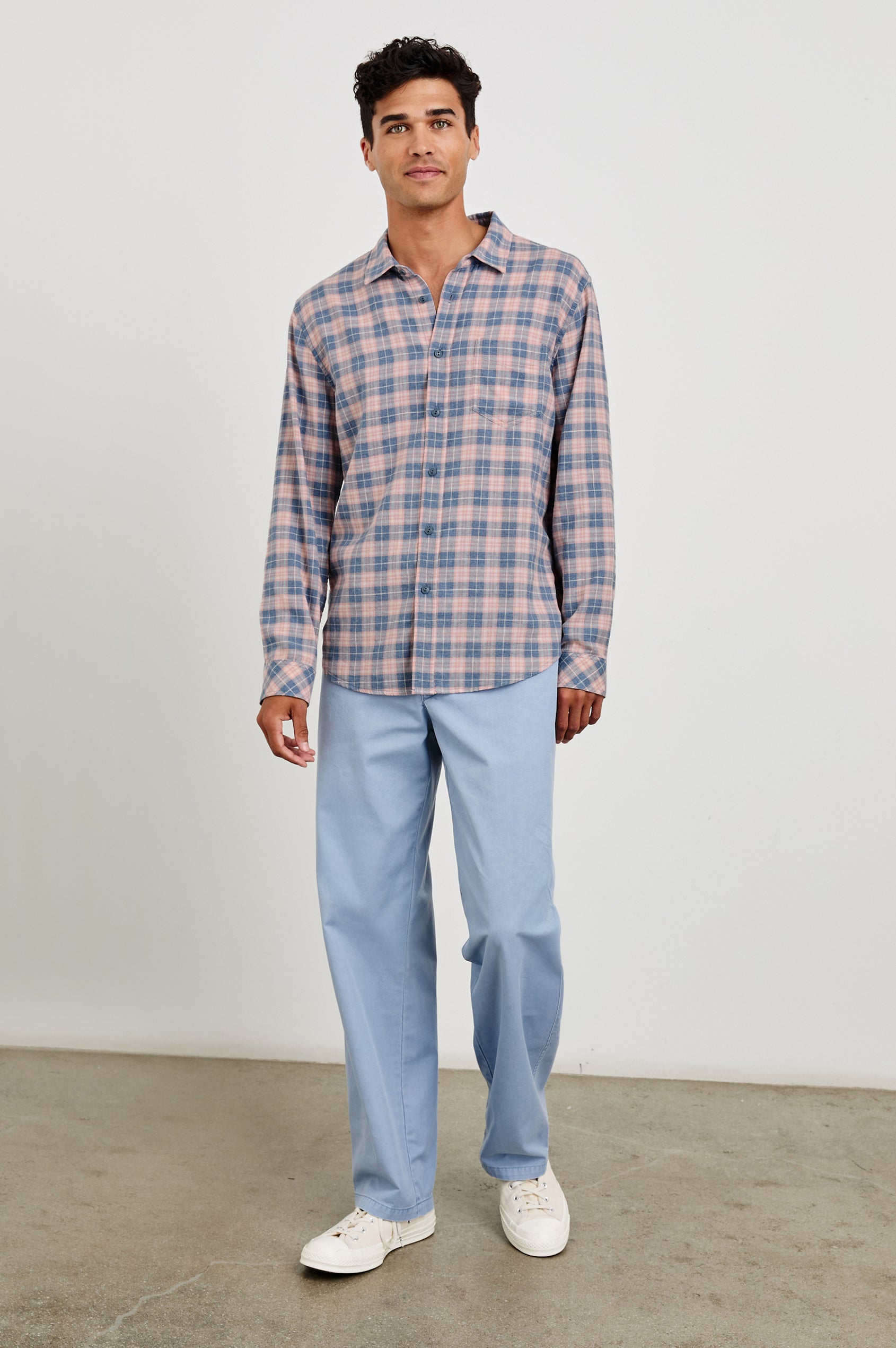 Wyatt Classic Button Up Long Sleeve Shirt with plaid print in Blueberry Blush - full body front view on model