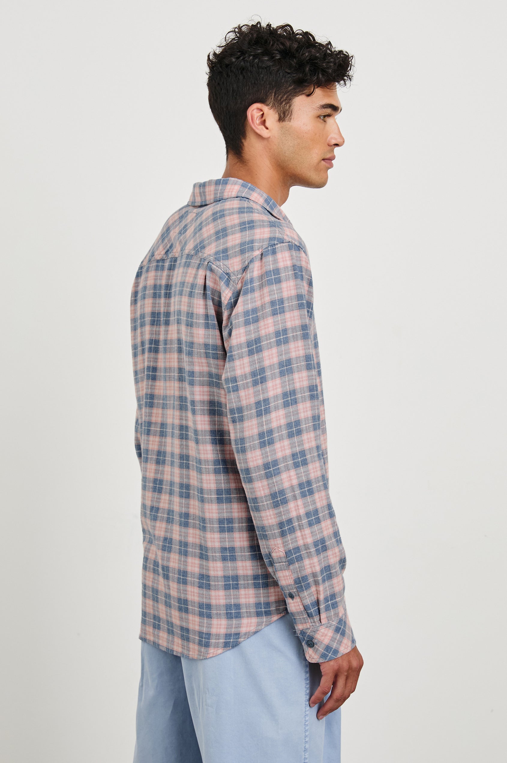 Wyatt Classic Button Up Long Sleeve Shirt with plaid print in Blueberry Blush - back, side angle view on model