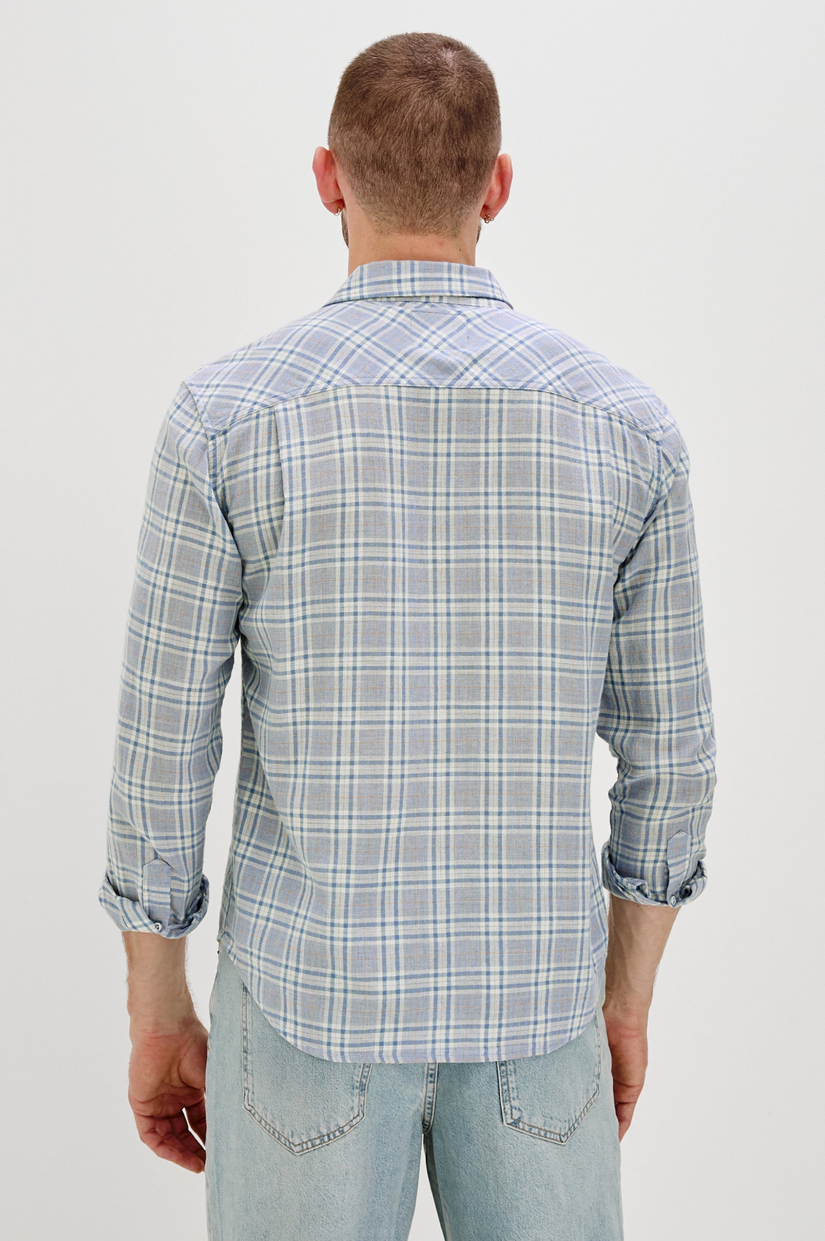 Wyatt Classic Button Up Long Sleeve Shirt with front chest pocket and plaid print in Bluefin Coral - back view on model