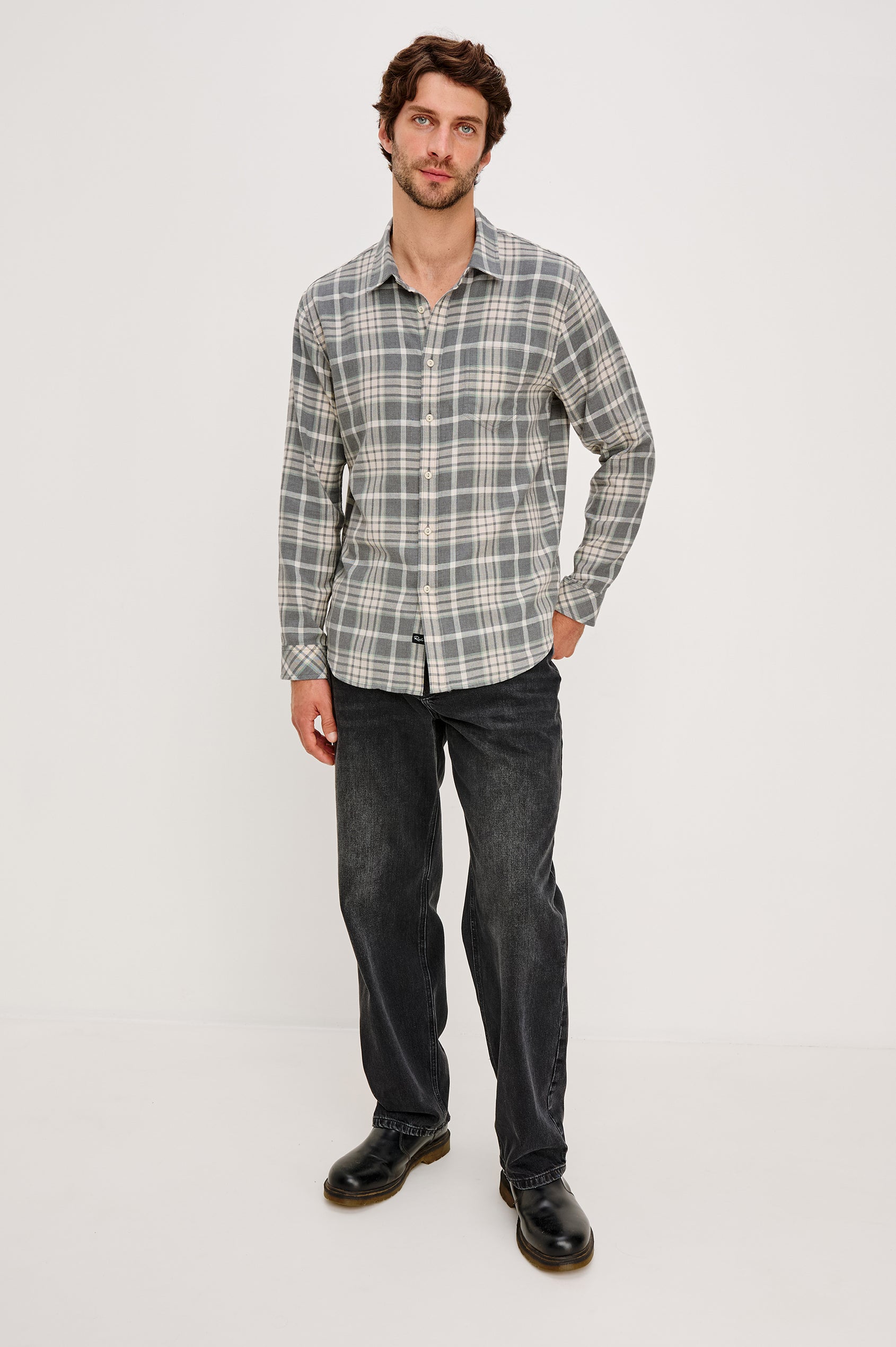 Wyatt Collared Button Front Shirt with Long Sleeves and a Chest Pocket in Camembert Charcoal Melange Colorway. Front Full Body View Shown on Model.