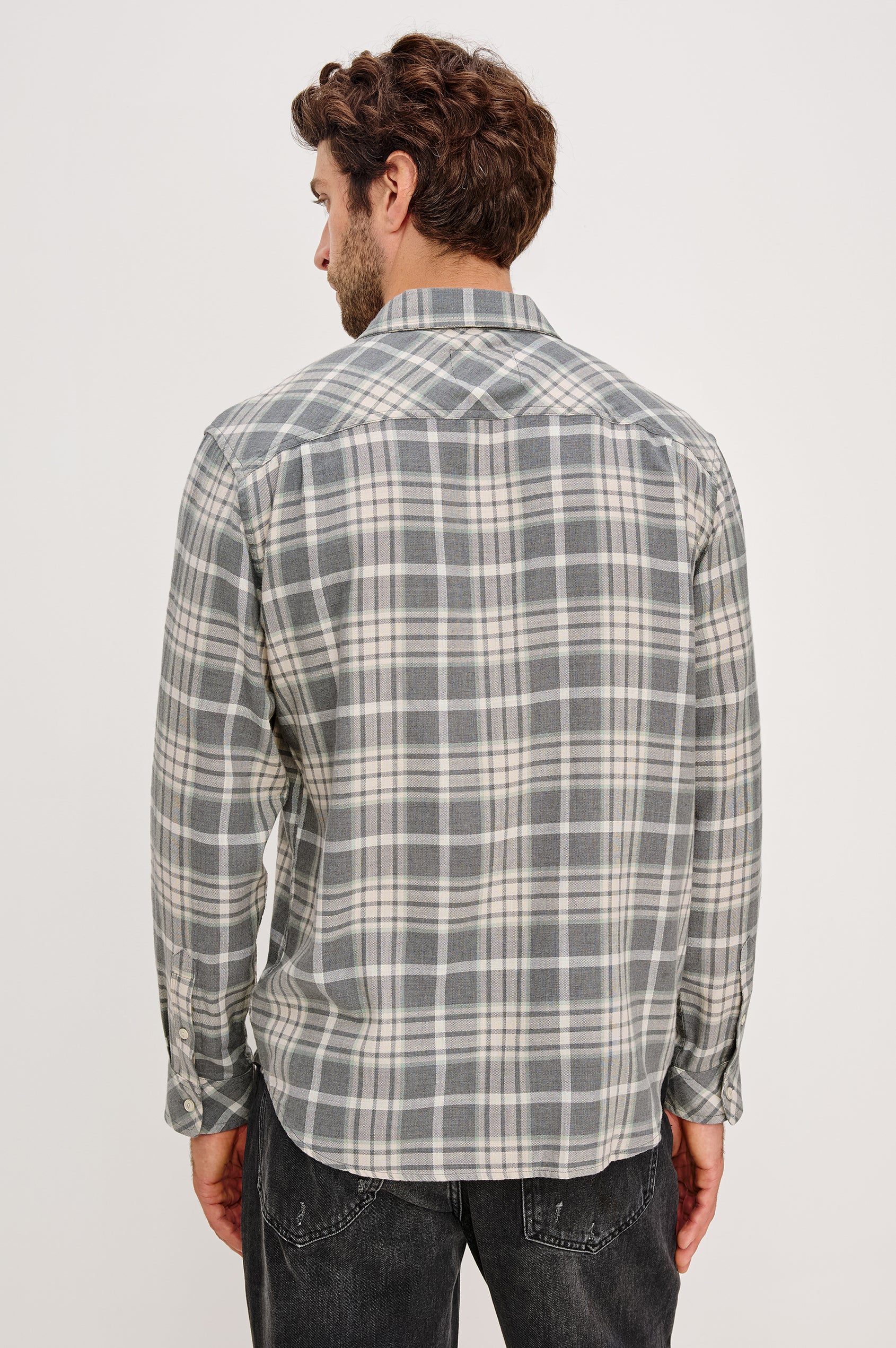 Wyatt Collared Button Front Shirt with Long Sleeves and a Chest Pocket in Camembert Charcoal Melange Colorway. Back View Shown on Model.