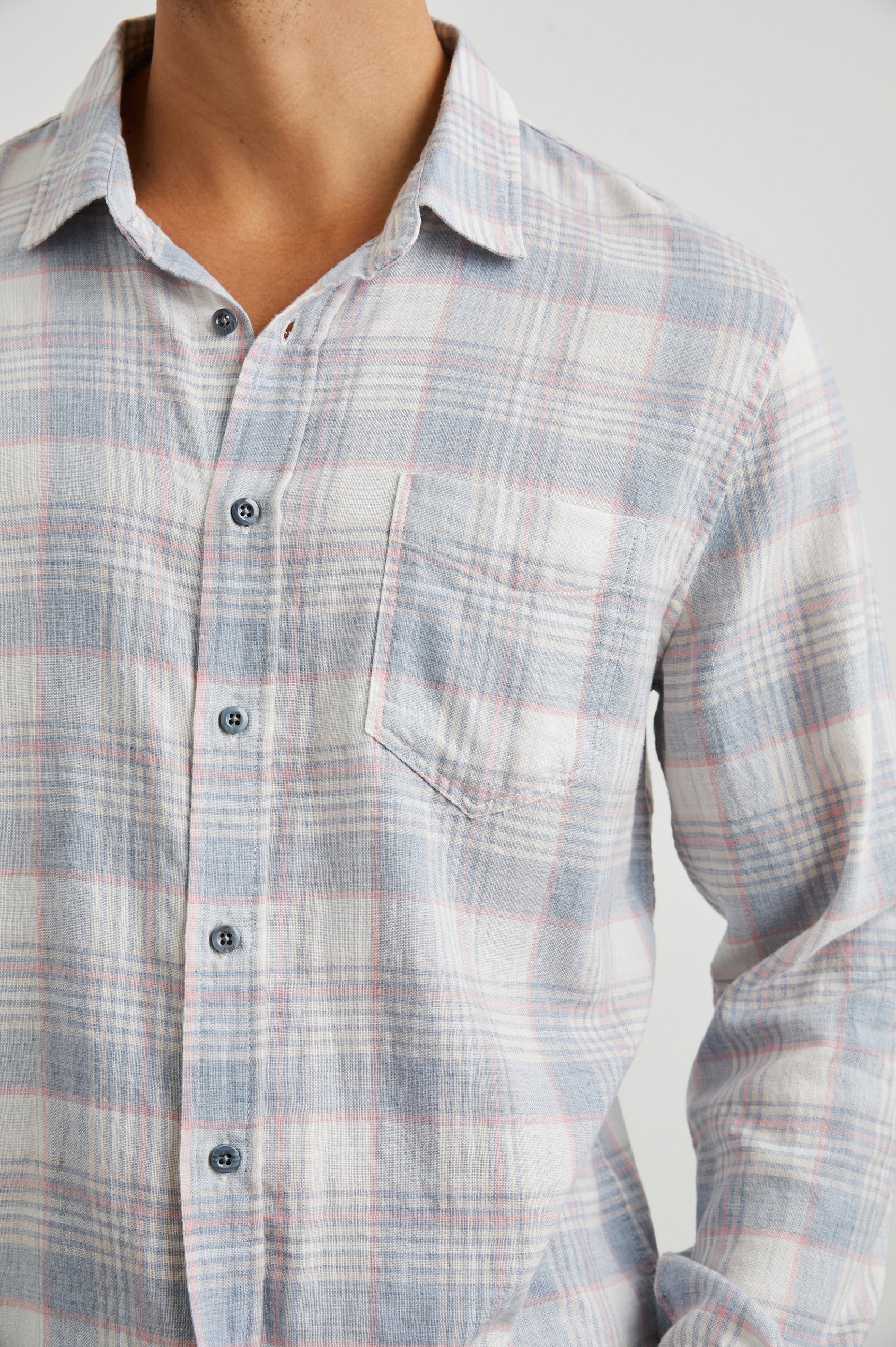 Wyatt Long-Sleeve Button Up with a Chest Patch Pocket in Cobalt Flamingo Melange Colorway, a cobalt, flamingo and cream plaid - Front View Featured on Model