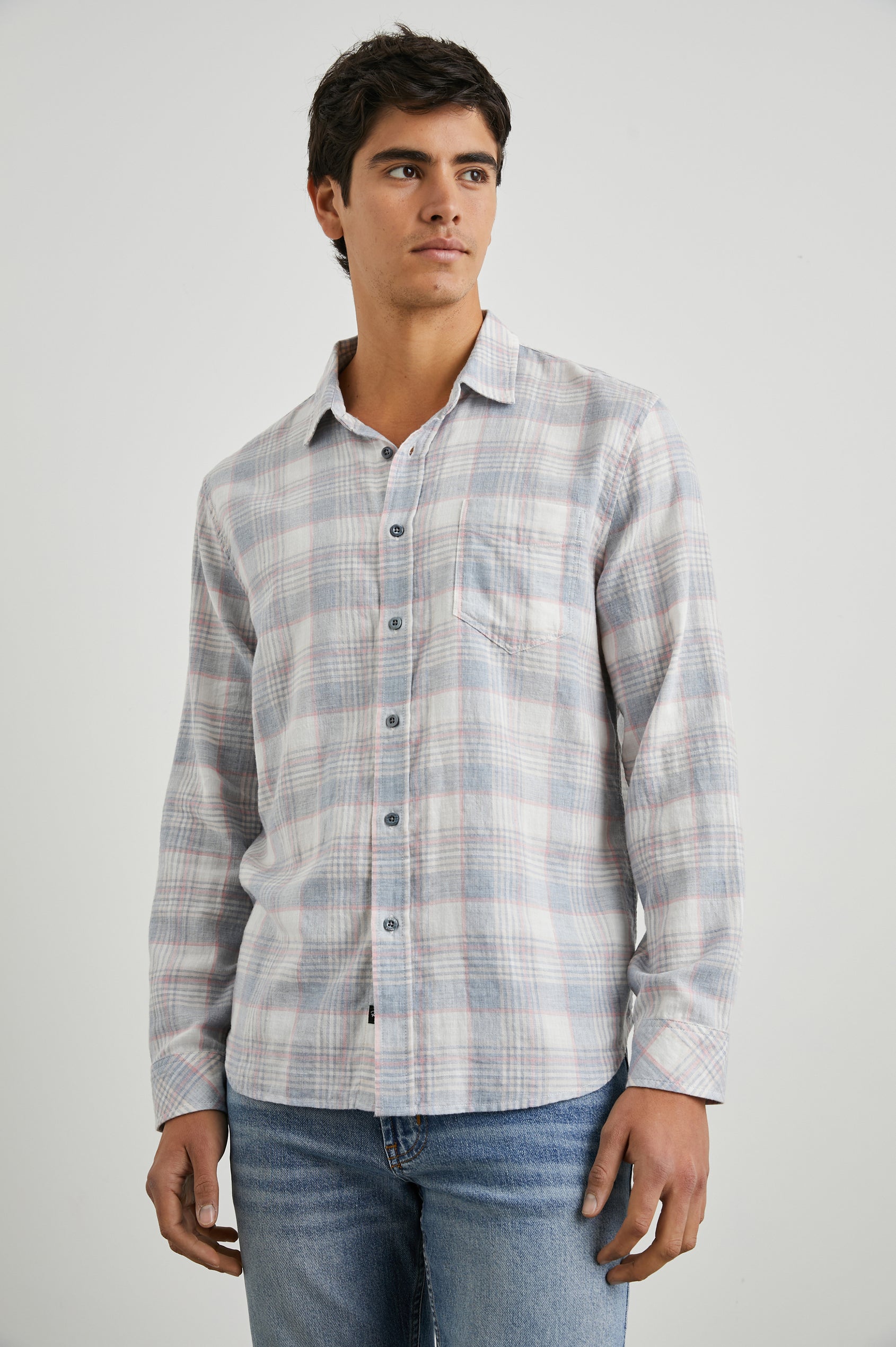 Wyatt Long-Sleeve Button Up with a Chest Patch Pocket in Cobalt Flamingo Melange Colorway, a cobalt, flamingo and cream plaid - Front View Featured on Model