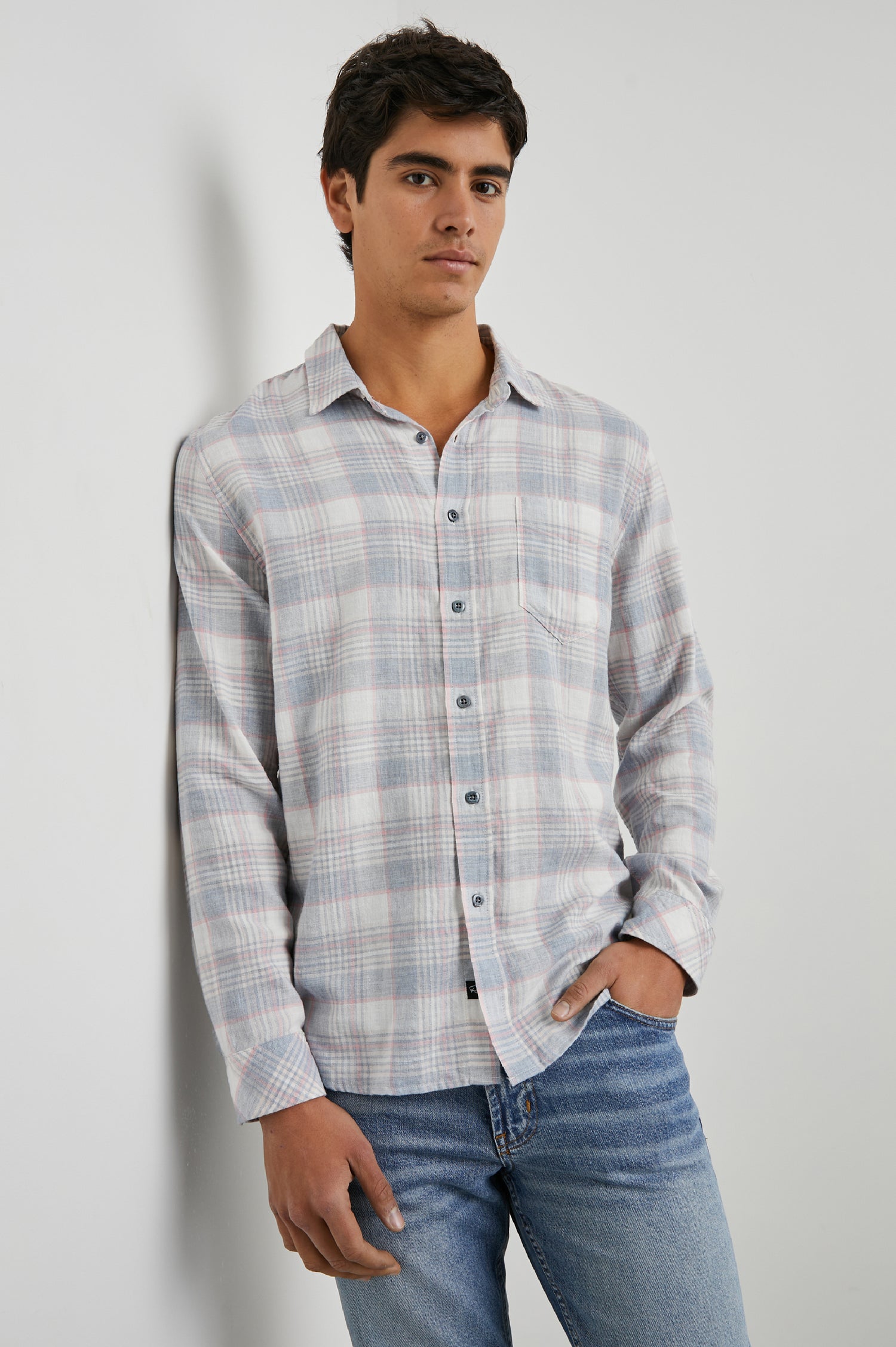 Wyatt Long-Sleeve Button Up with a Chest Patch Pocket in Cobalt Flamingo Melange Colorway, a cobalt, flamingo and cream plaid - Front View Featured on Model