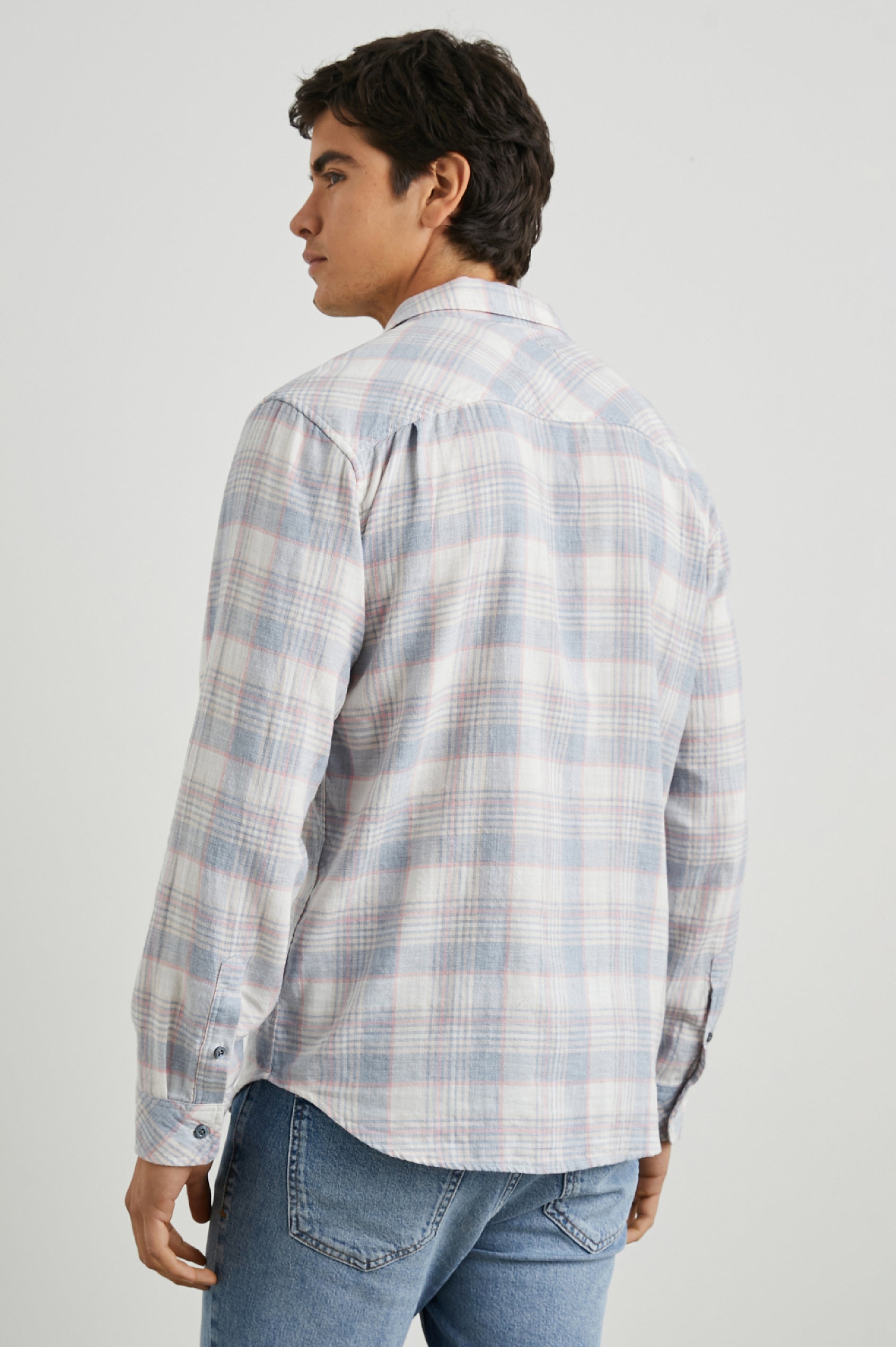Wyatt Long-Sleeve Button Up with a Chest Patch Pocket in Cobalt Flamingo Melange Colorway, a cobalt, flamingo and cream plaid - Back View Featured on Model