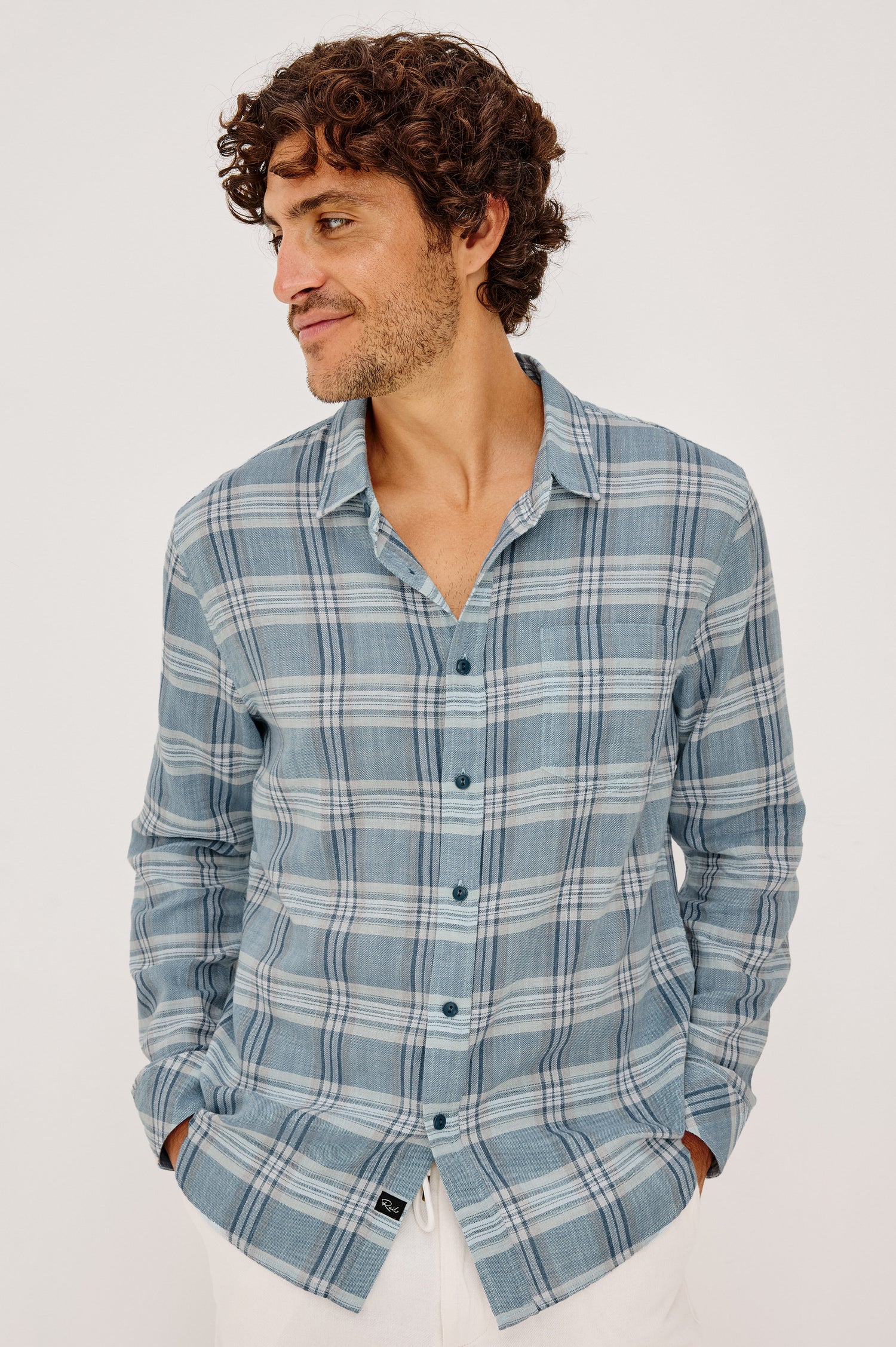 Wyatt Button-Up Shirt With Collar, Classic Fit, Single Chest Pocket, and Long Sleeves in Seafoam Glass Colorway - Upper Body Front View Featured on Model