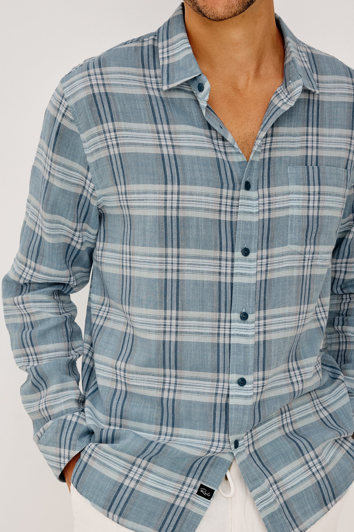 Wyatt Button-Up Shirt With Collar, Classic Fit, Single Chest Pocket, and Long Sleeves in Seafoam Glass Colorway - Upper Body Front Close-Up View Featured on Model