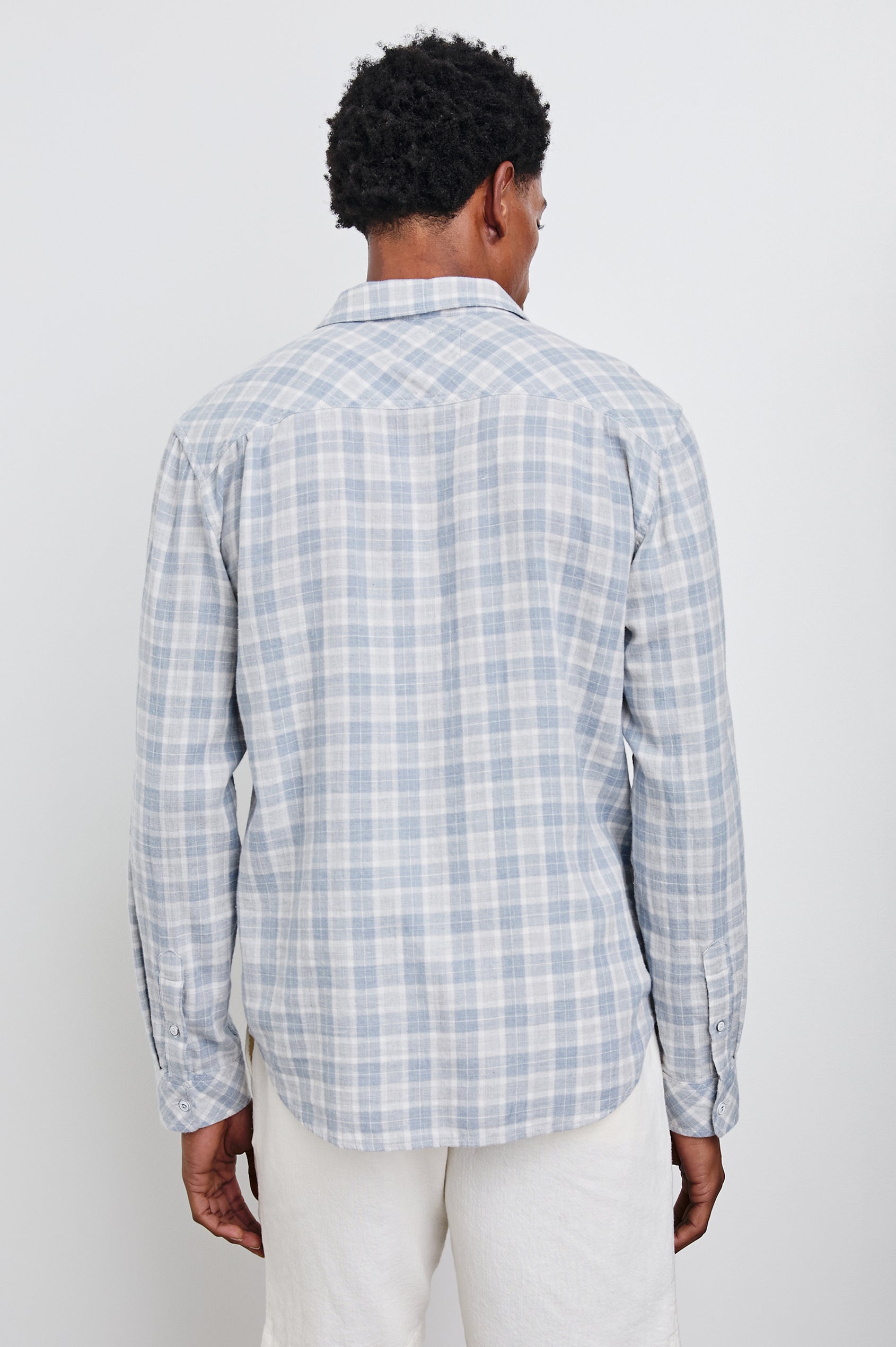 Wyatt Classic Button Up Long Sleeve Shirt with plaid print in Gentle Shore Melange - back view on model