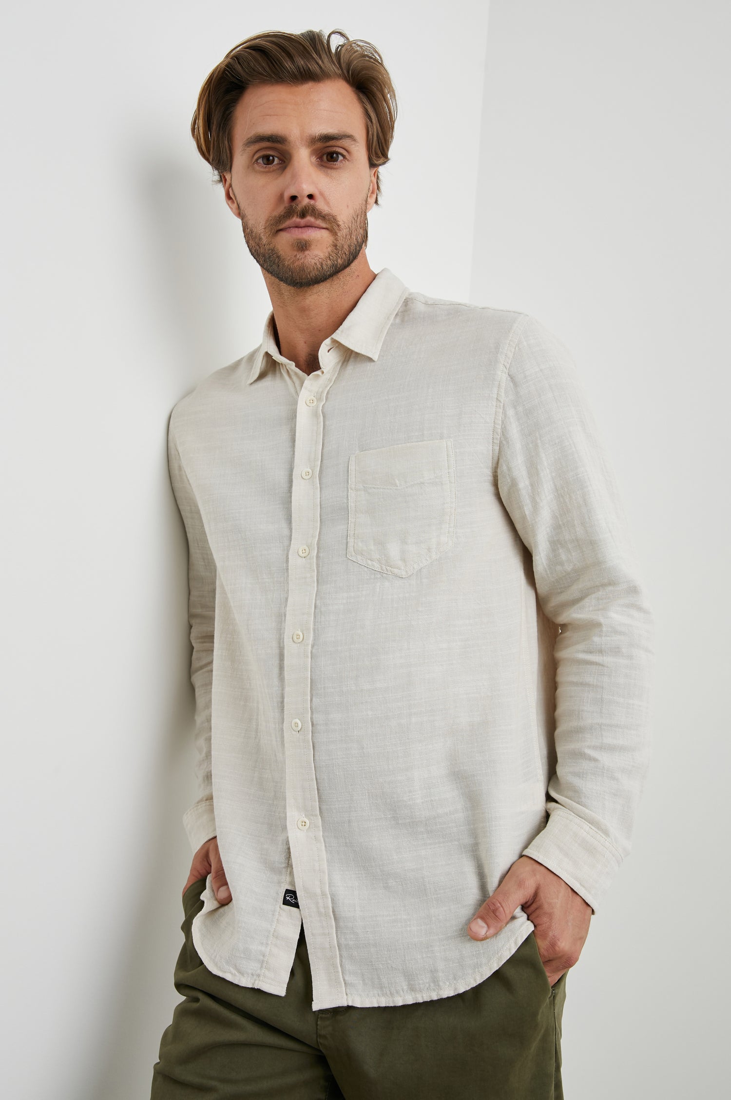 Wyatt Long-Sleeve Button Up with a Chest Patch Pocket in Hummus Colorway - Front View Featured on Model
