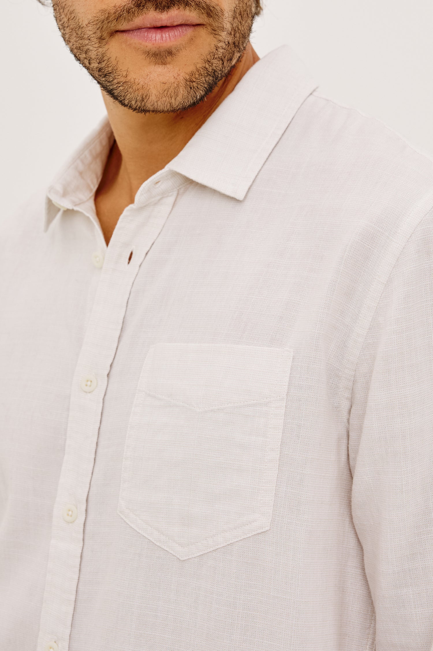 Wyatt Shirt in Cotton Slub Plainweave With Classic Fit, Collar, Button Front, Chest Patch Pocket, Long Sleeves, Shirttail Hem in Ivory Etch Colorway - Upper Body Front View Featured on Model