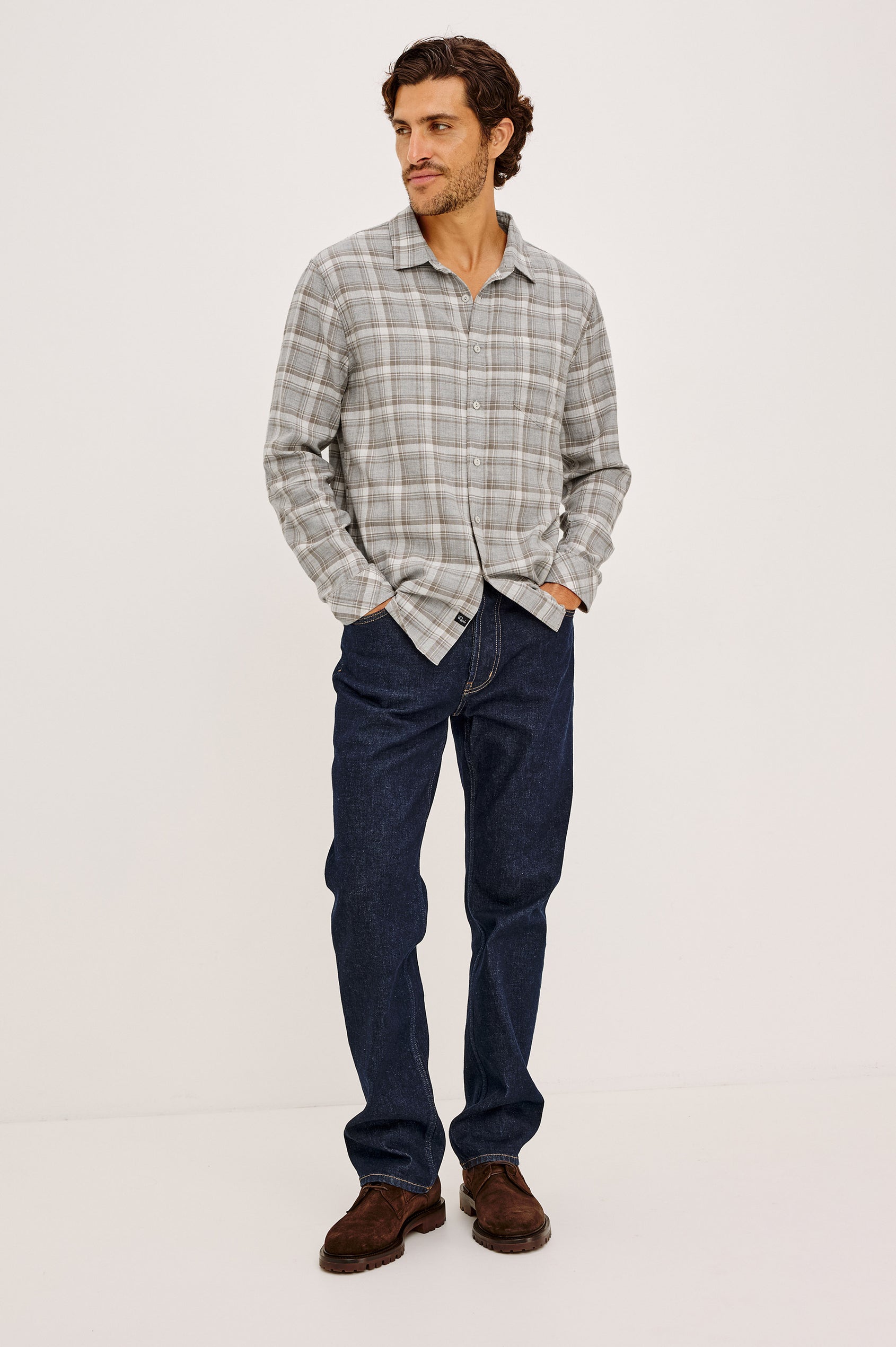 Wyatt Shirt in Cotton Slub Plainweave With Classic Fit, Collar, Button Front, Chest Patch Pocket, Long Sleeves, Shirttail Hem in Live Edge Heather Colorway - Full Body Front View Featured on Model