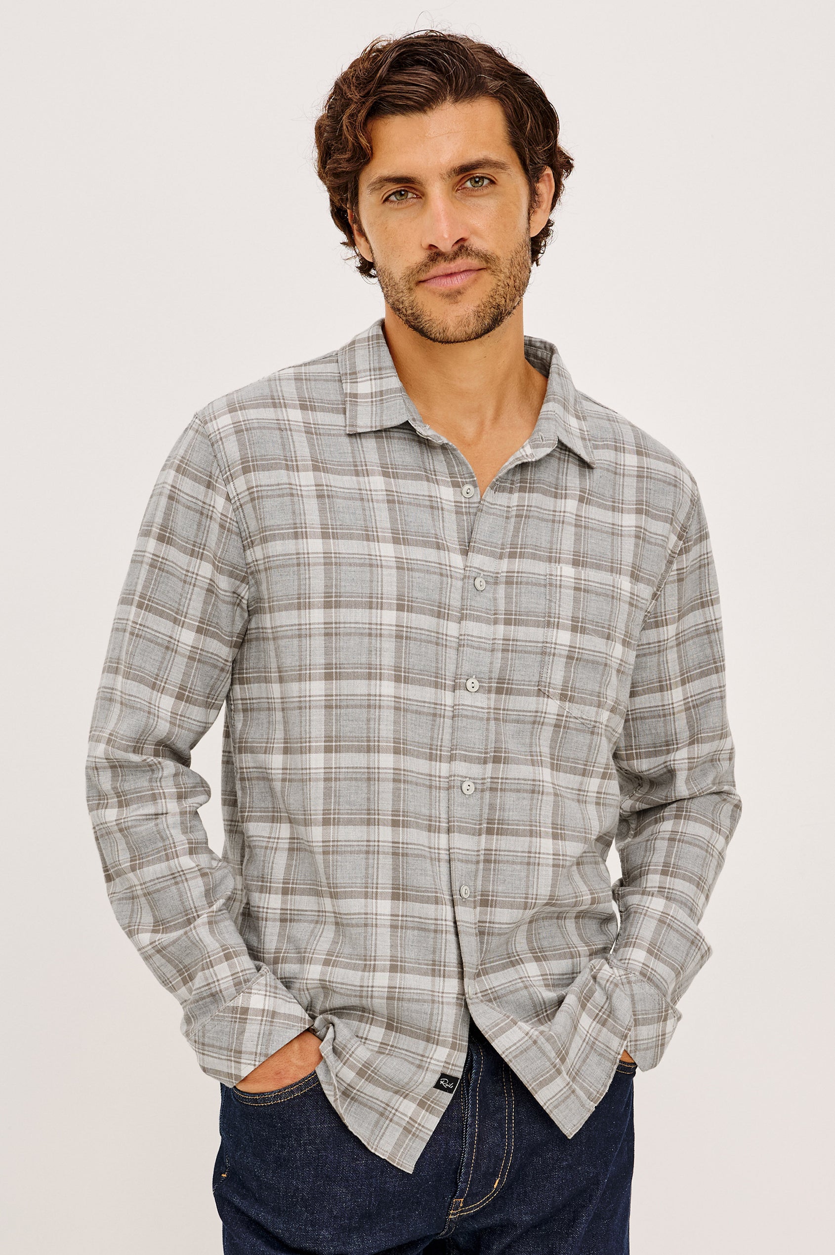 Wyatt Shirt in Cotton Slub Plainweave With Classic Fit, Collar, Button Front, Chest Patch Pocket, Long Sleeves, Shirttail Hem in Live Edge Heather Colorway - Upper Body Front View Featured on Model