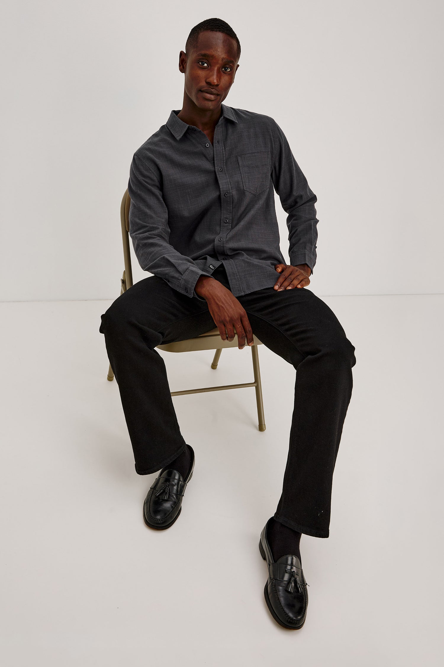 Wyatt Shirt in Cotton Slub Plainweave With Classic Fit, Collar, Button Front, Chest Patch Pocket, Long Sleeves, Shirttail Hem in Midnight Etch Colorway - Full Body View Featured on Model