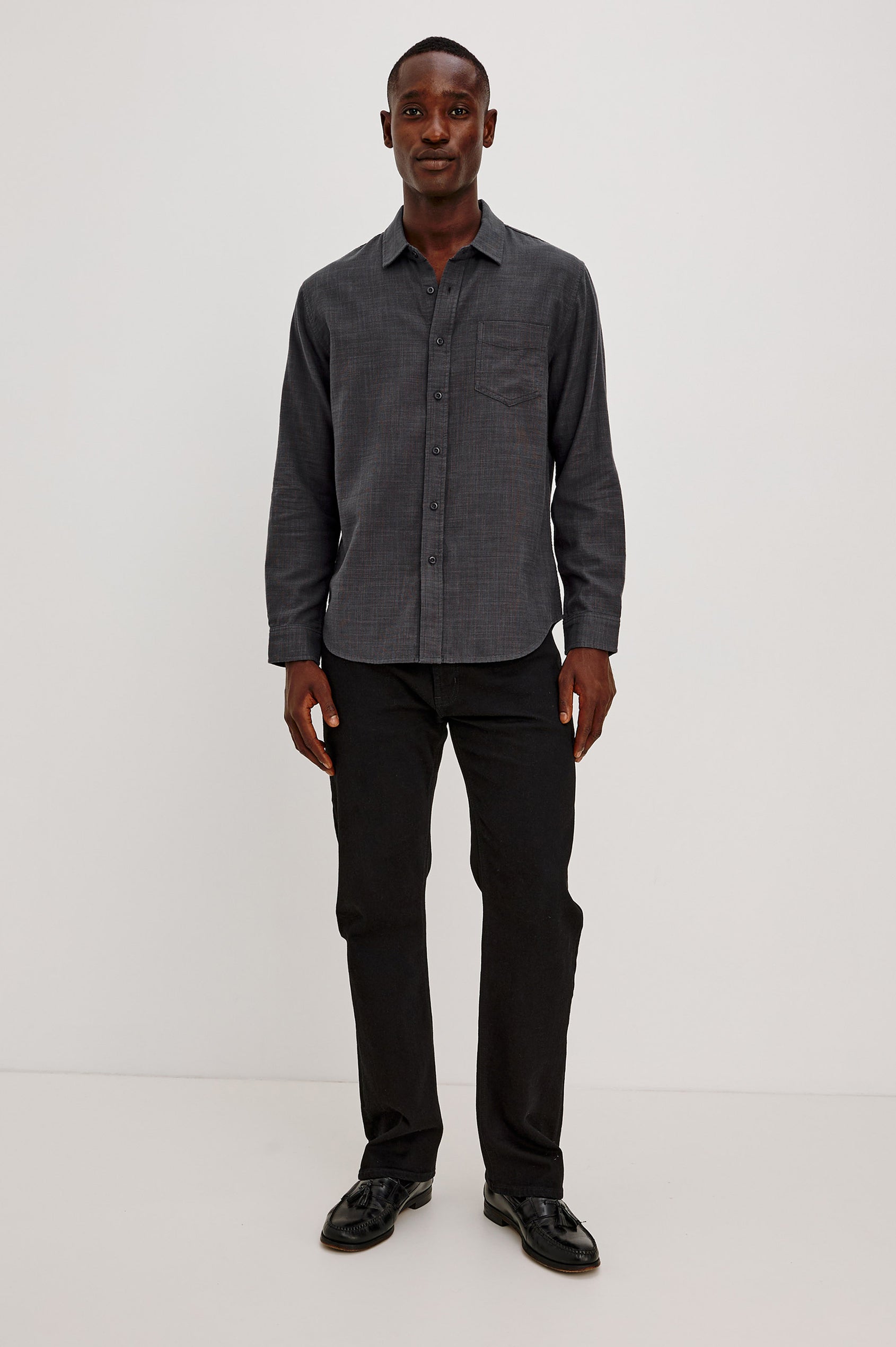 Wyatt Shirt in Cotton Slub Plainweave With Classic Fit, Collar, Button Front, Chest Patch Pocket, Long Sleeves, Shirttail Hem in Midnight Etch Colorway - Full Body Front View Featured on Model