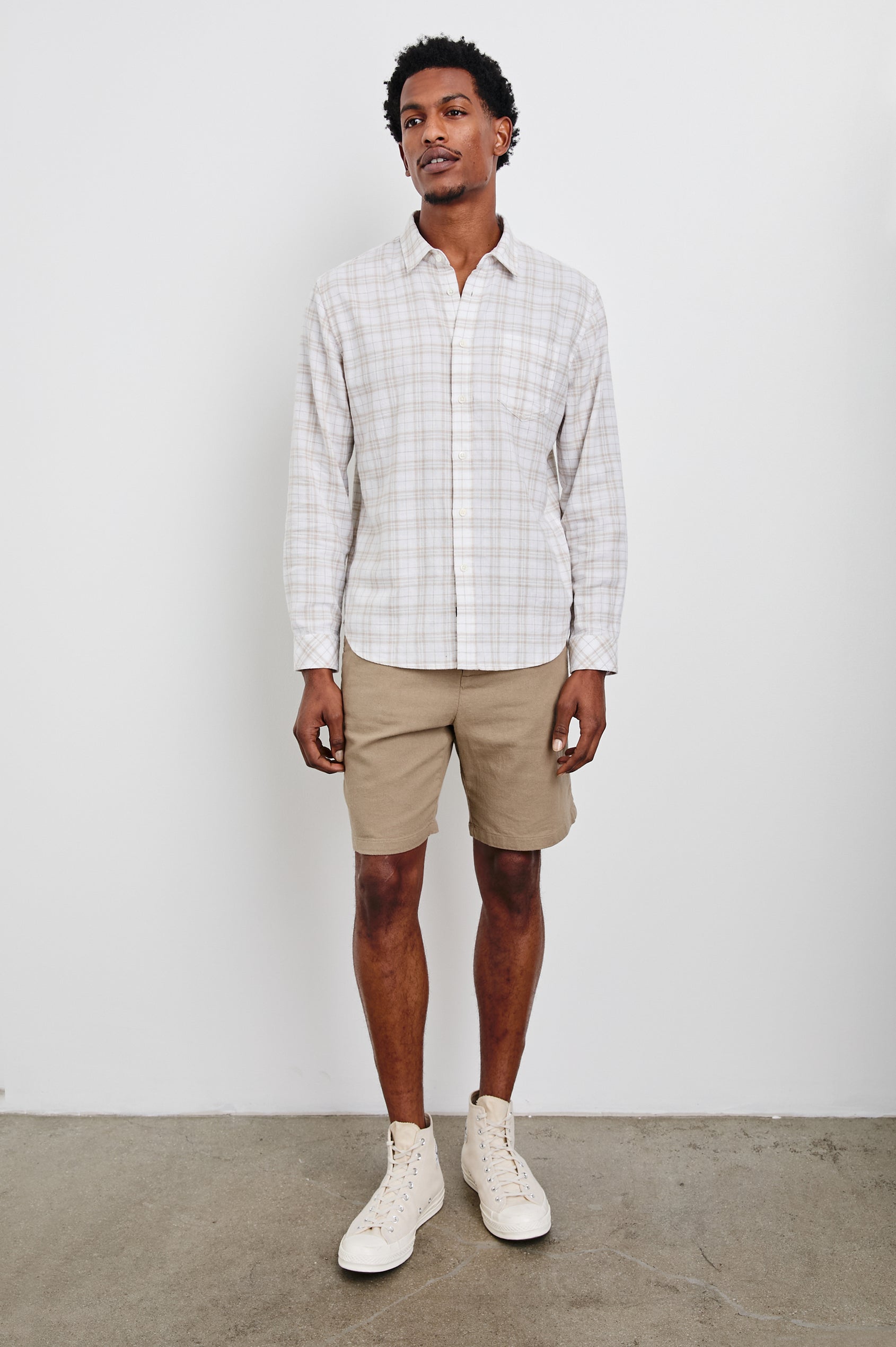 Wyatt Long-Sleeve Button Up with a Chest Patch Pocket in Misty Pebble Path Colorway, a tan and grey plaid on white - Front Full Body View Featured on Model