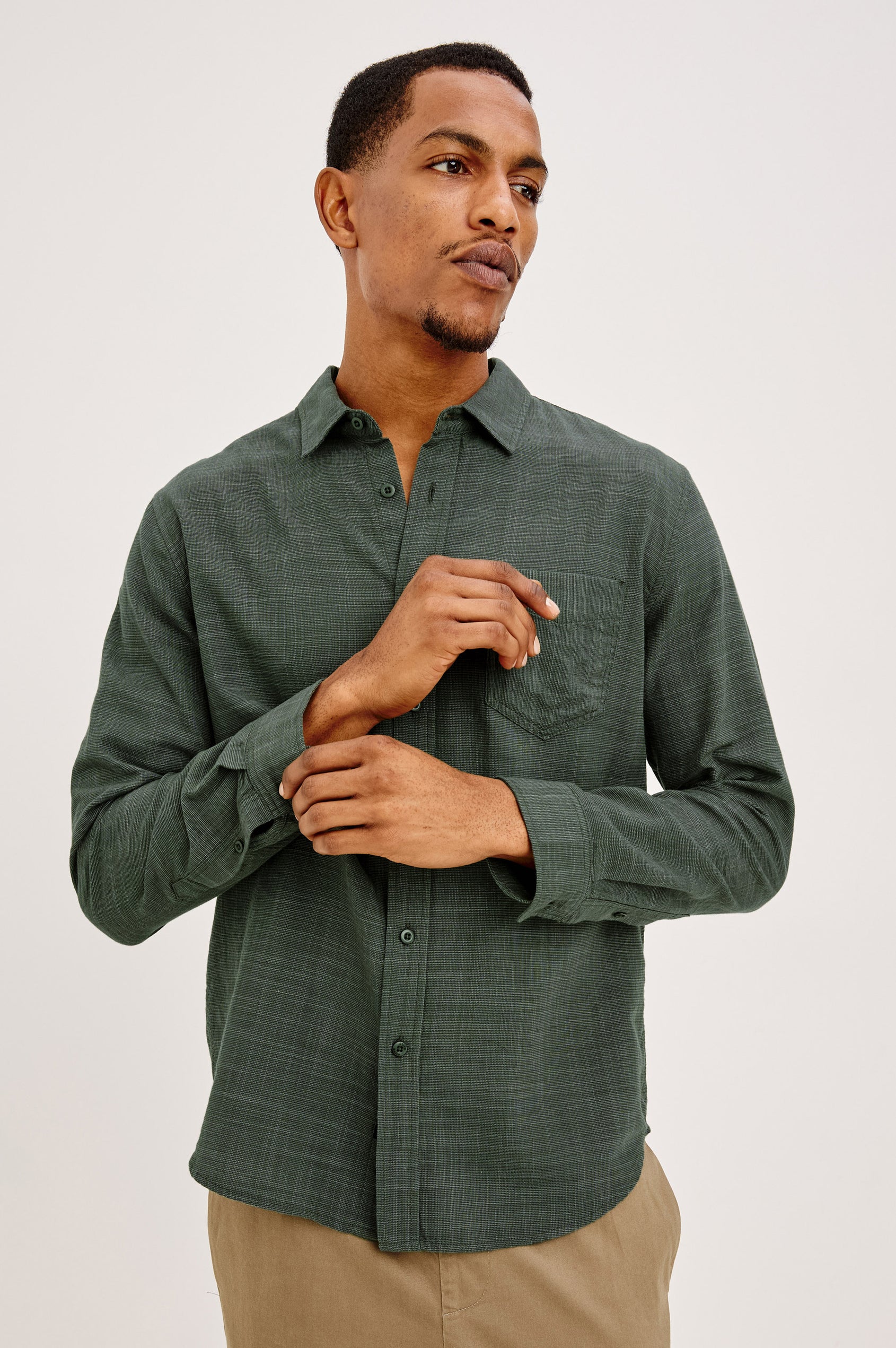 Wyatt Shirt in Cotton Slub Plainweave With Classic Fit, Collar, Button Front, Chest Patch Pocket, Long Sleeves, Shirttail Hem in Pine Etch Colorway - Upper Body Front View Featured on Model
