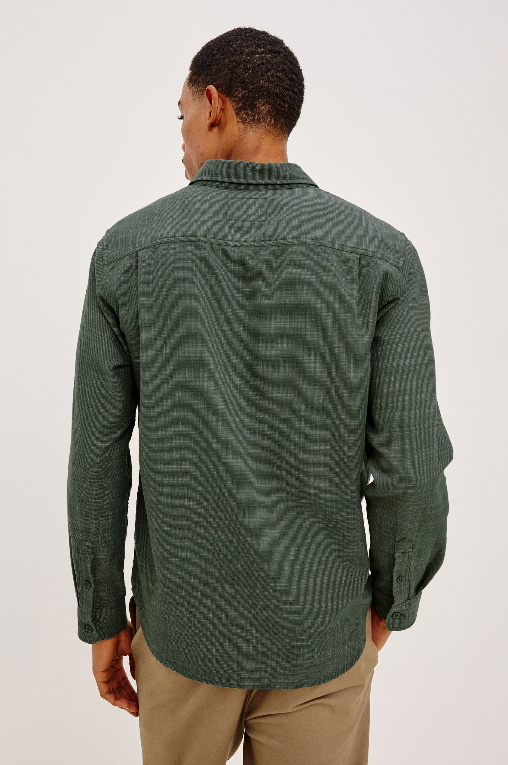 Wyatt Shirt in Cotton Slub Plainweave With Classic Fit, Collar, Button Front, Chest Patch Pocket, Long Sleeves, Shirttail Hem in Pine Etch Colorway - Upper Body Back View Featured on Model