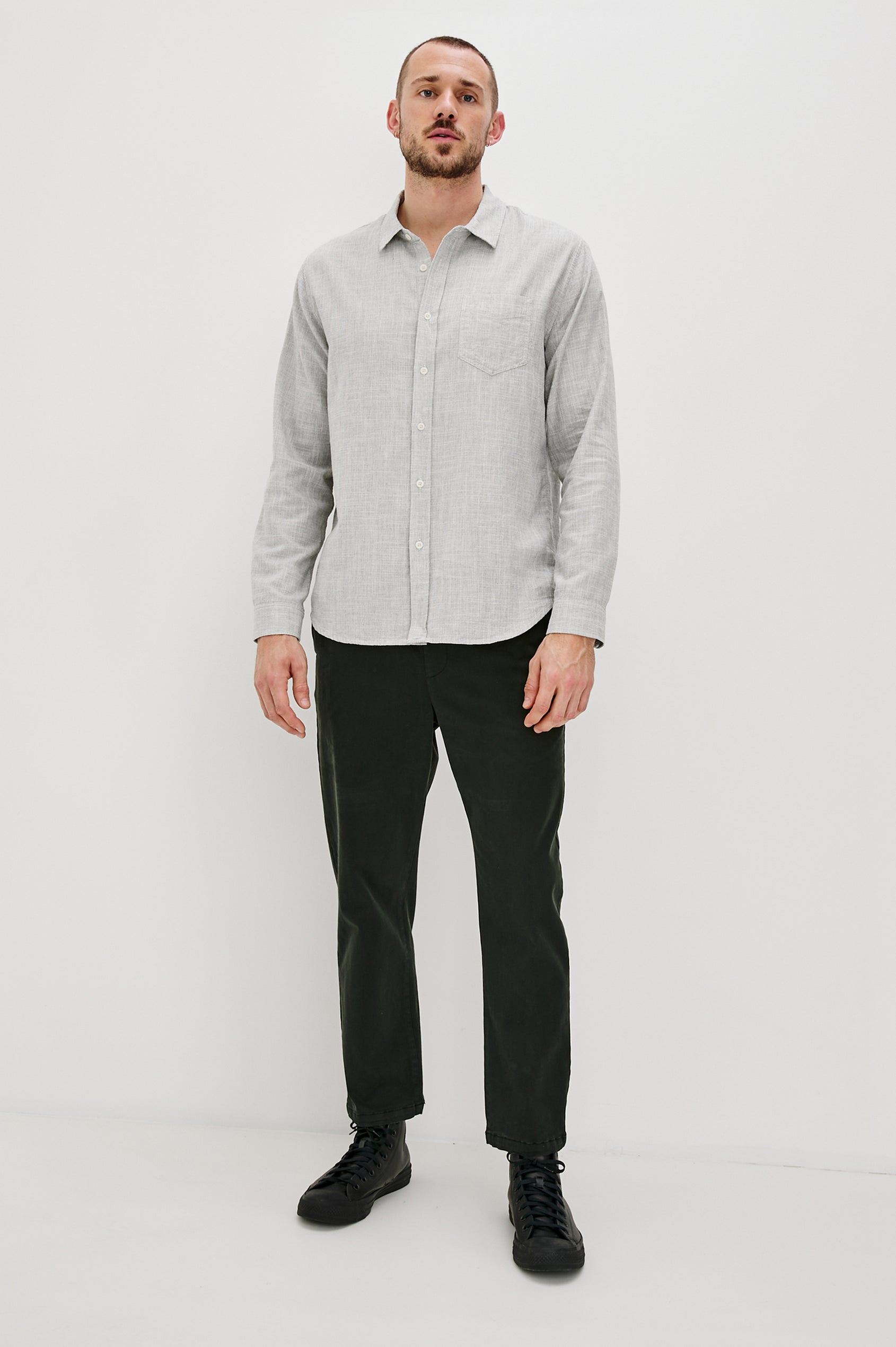 Wyatt Long-Sleeve Button Up with a Chest Patch Pocket in Platinum Etch Colorway - Front Full Body View Featured on Model