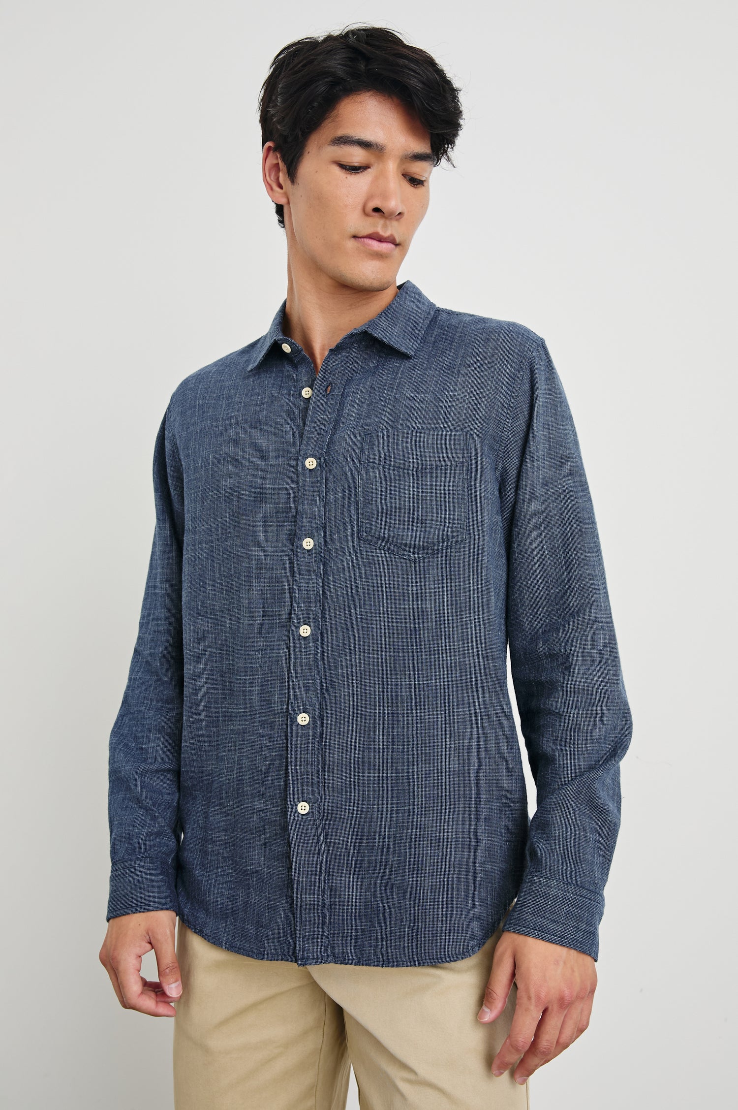 Wyatt Long-Sleeve Button Up with a Chest Patch Pocket in Navy Etch Colorway - Front View Featured on Model