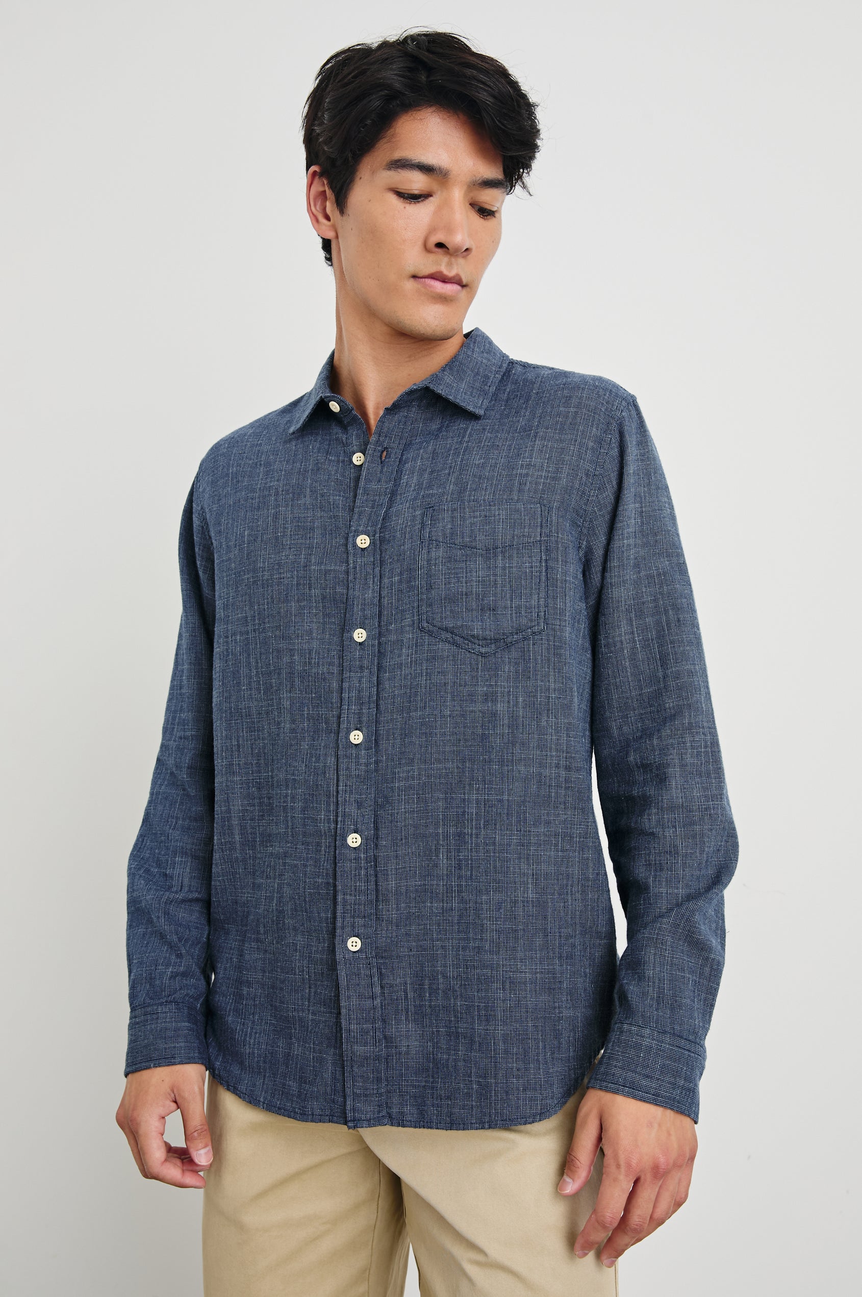 Wyatt Long-Sleeve Button Up with a Chest Patch Pocket in Navy Etch Colorway - Front View Featured on Model