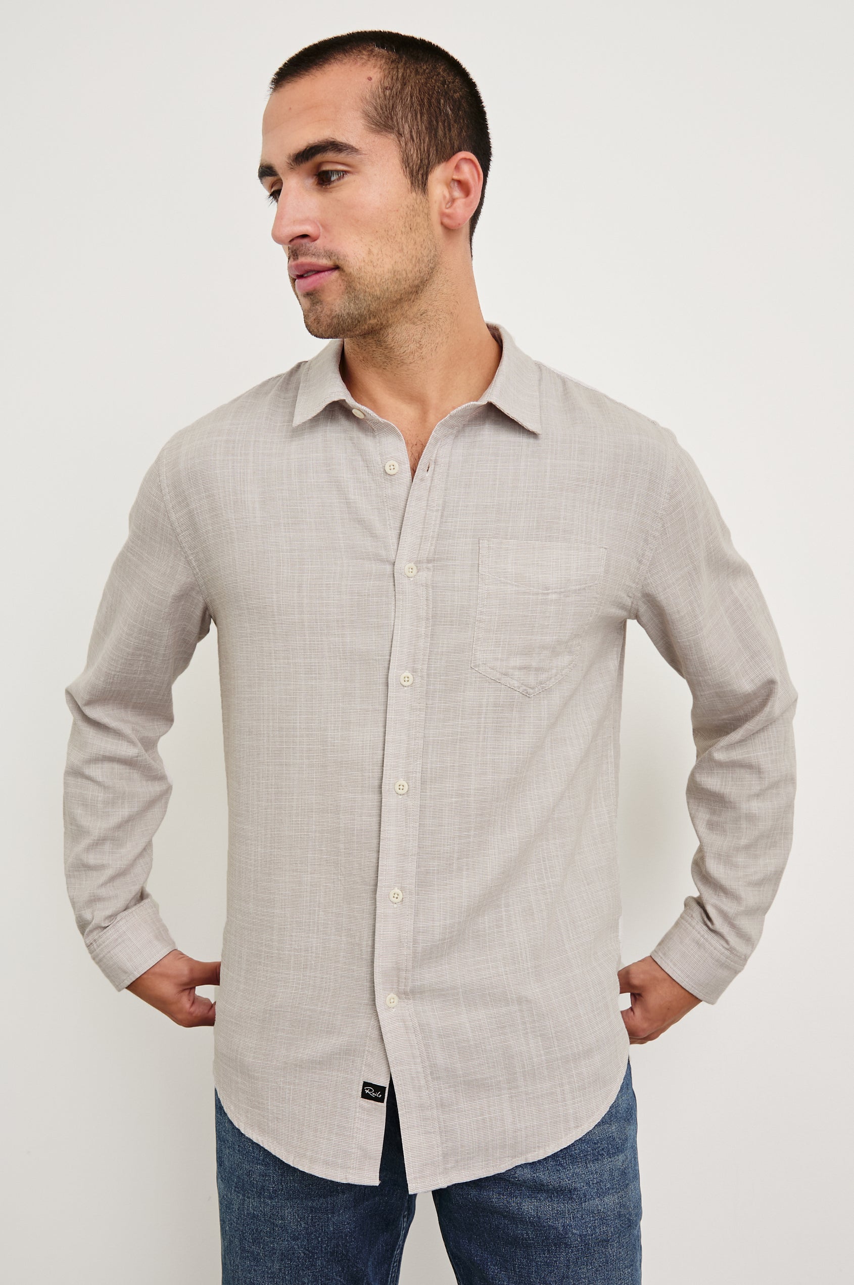 Wyatt Long-Sleeve Relaxed Fit Button Up with a Chest Patch Pocket in Tahini Etch Colorway - front view on model