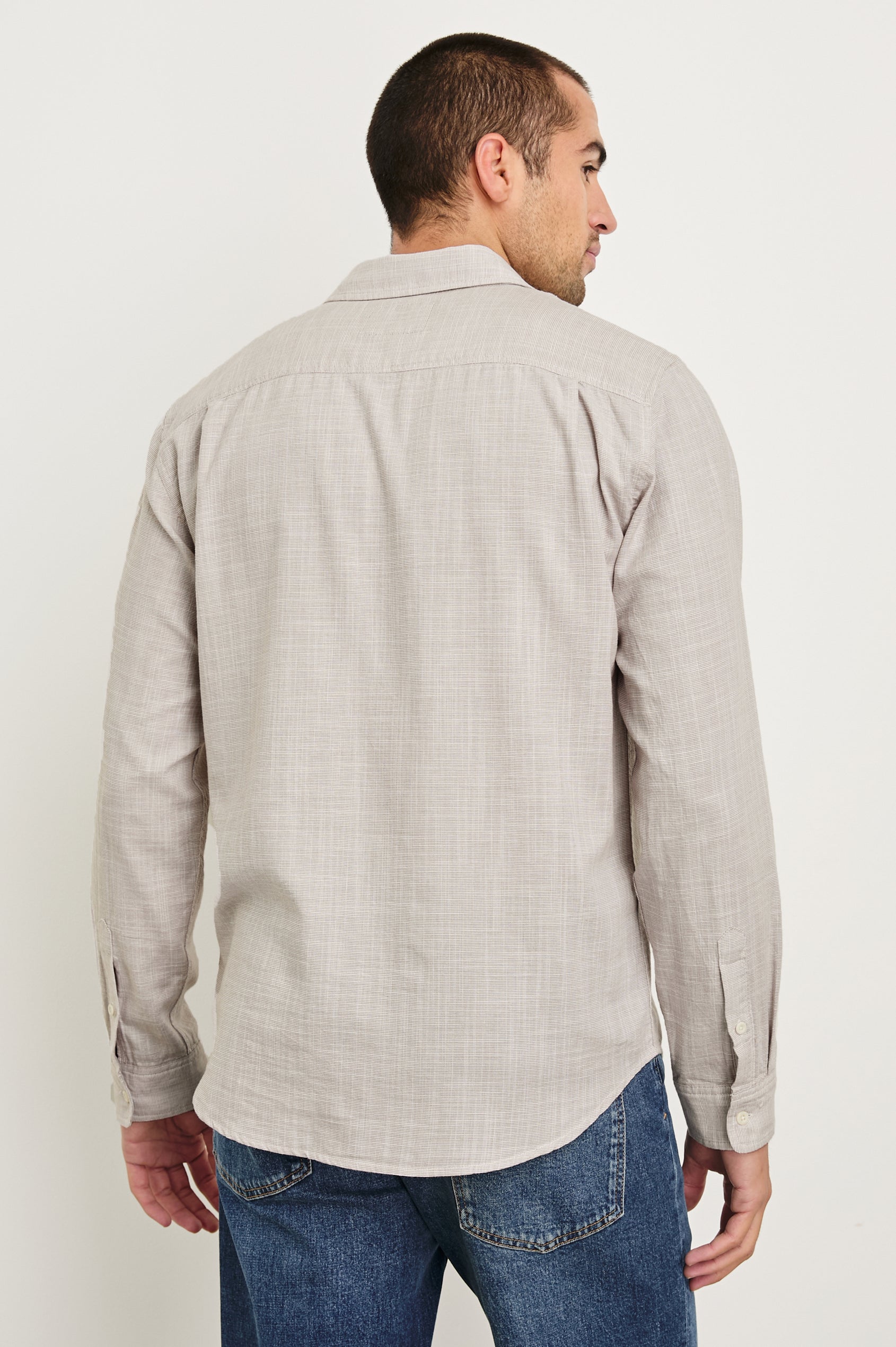 Wyatt Long-Sleeve Relaxed Fit Button Up with a Chest Patch Pocket in Tahini Etch Colorway - back view on model