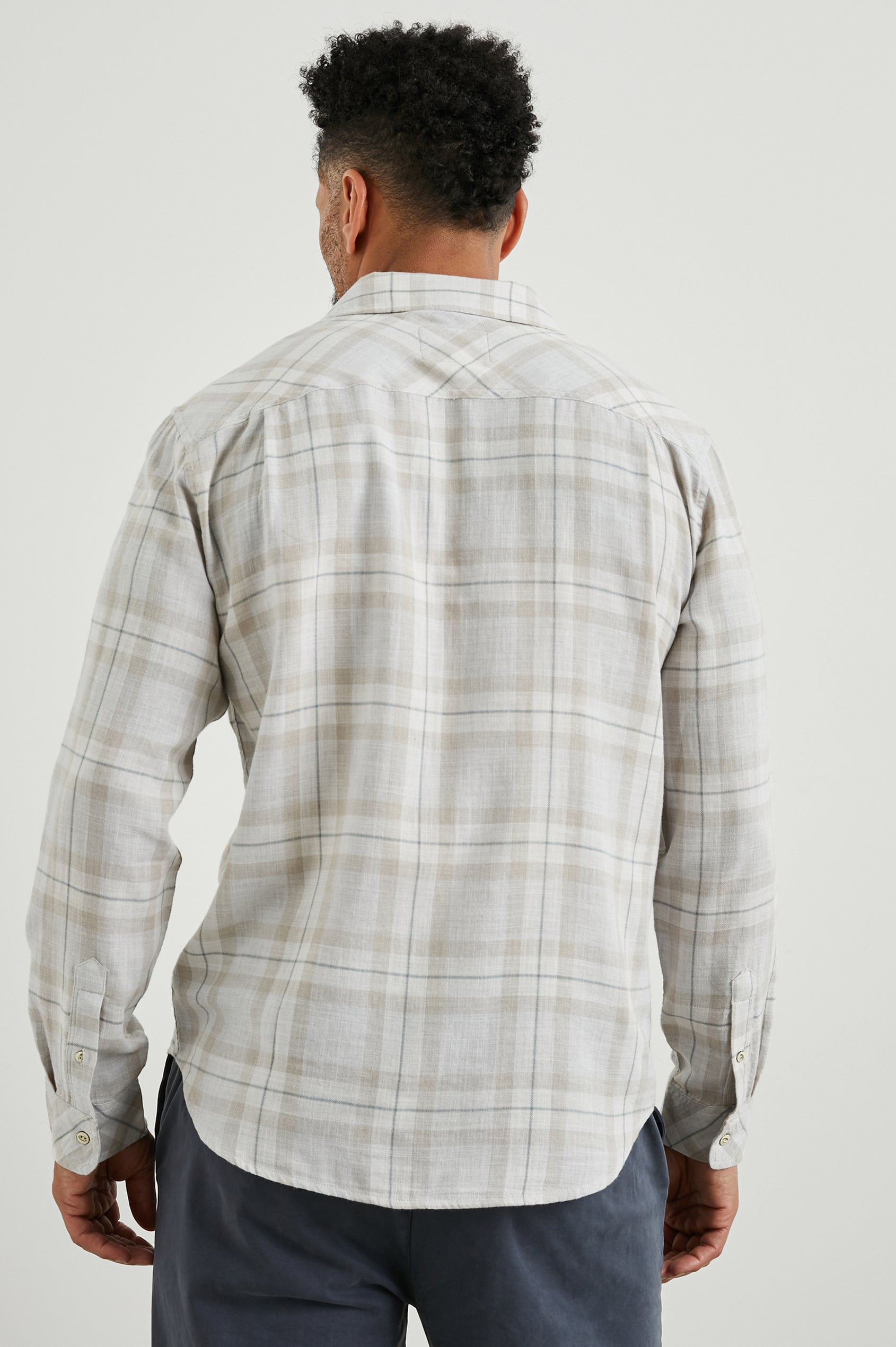 Wyatt Long-Sleeve Button Up with a Chest Patch Pocket in Tapir Agave Melange Colorway, a Tapir, Agave and cream plaid - Back View Featured on Model