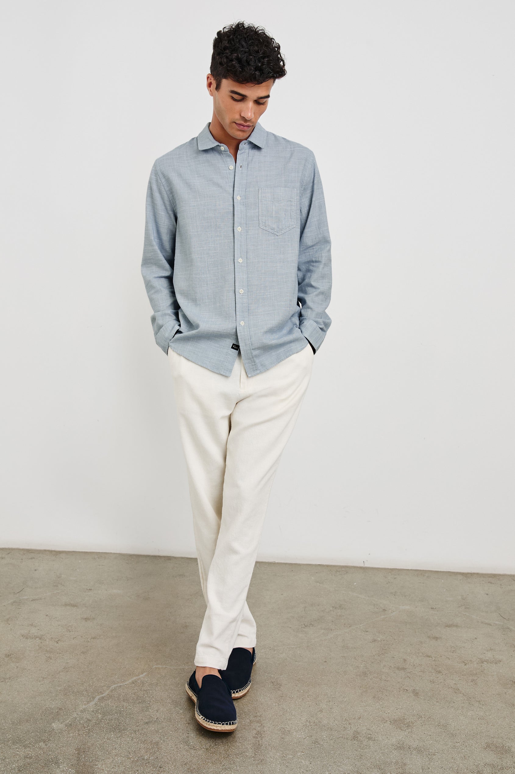 Wyatt Classic Button Up Long Sleeve Shirt in light blue Tidal Etch - full front body view on model