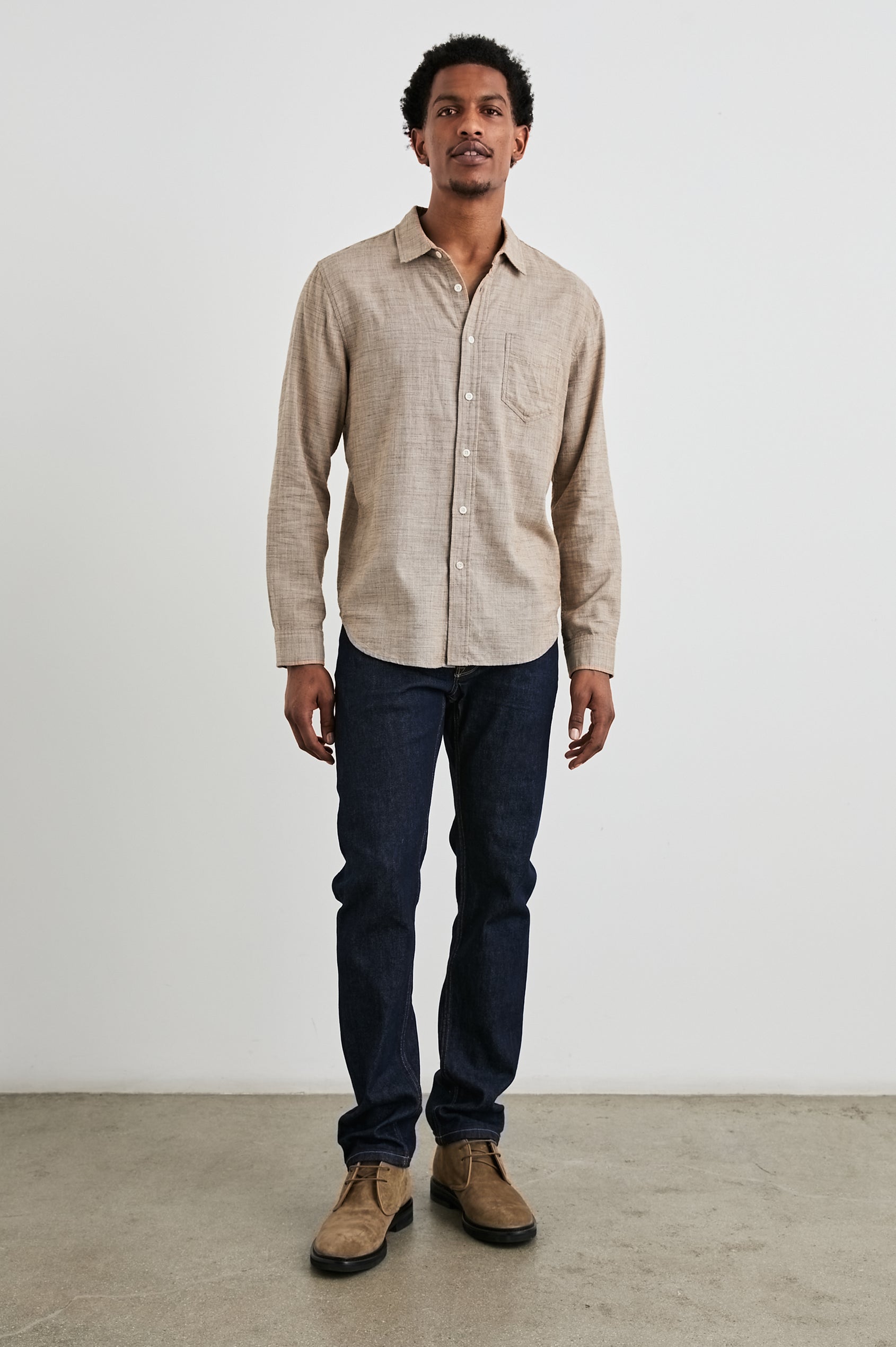 Wyatt Long-Sleeve Button Up with a Chest Patch Pocket in Walnut Etch Colorway - Front Full Body View Featured on Model