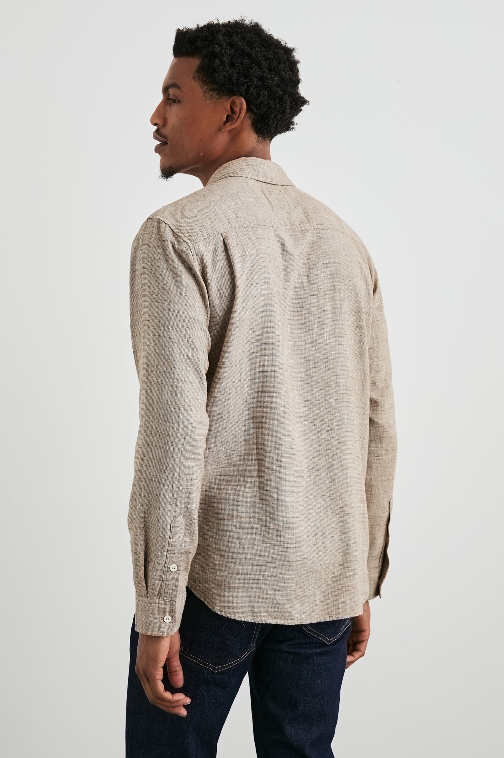 Wyatt Long-Sleeve Button Up with a Chest Patch Pocket in Walnut Etch Colorway - Back View Featured on Model