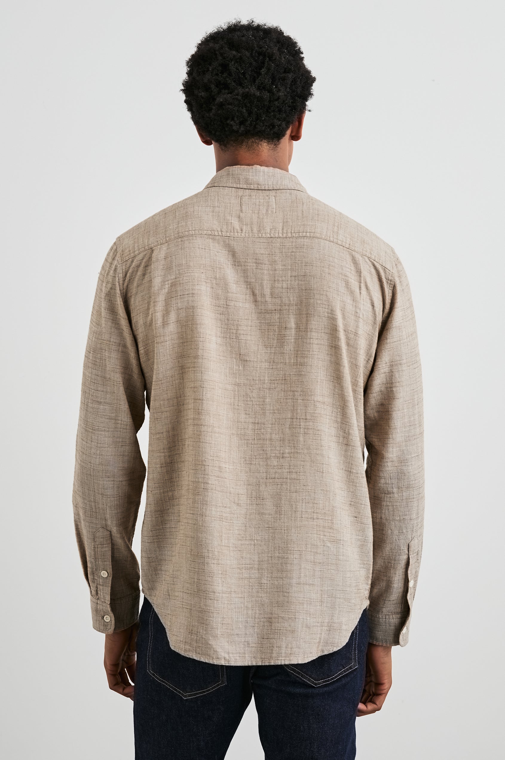 Wyatt Long-Sleeve Button Up with a Chest Patch Pocket in Walnut Etch Colorway - Back View Featured on Model
