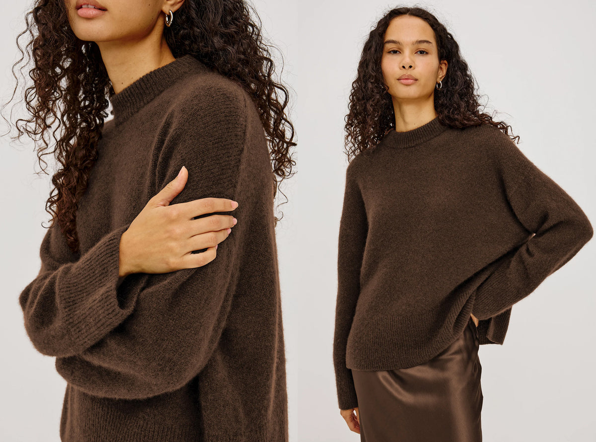 A model wearing a dark brown knit sweater, shown in a split view with a close-up on the left and a full-body view on the right against a light gray background.
