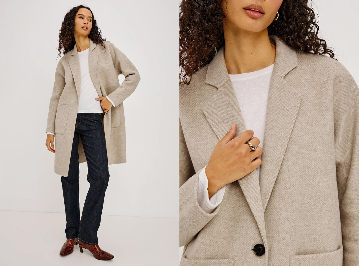 A model wears a light beige wool-blend blazer over a white top and dark jeans, shown in a full-body view on the left and a close-up of the blazer on the right, against a clean white studio background.