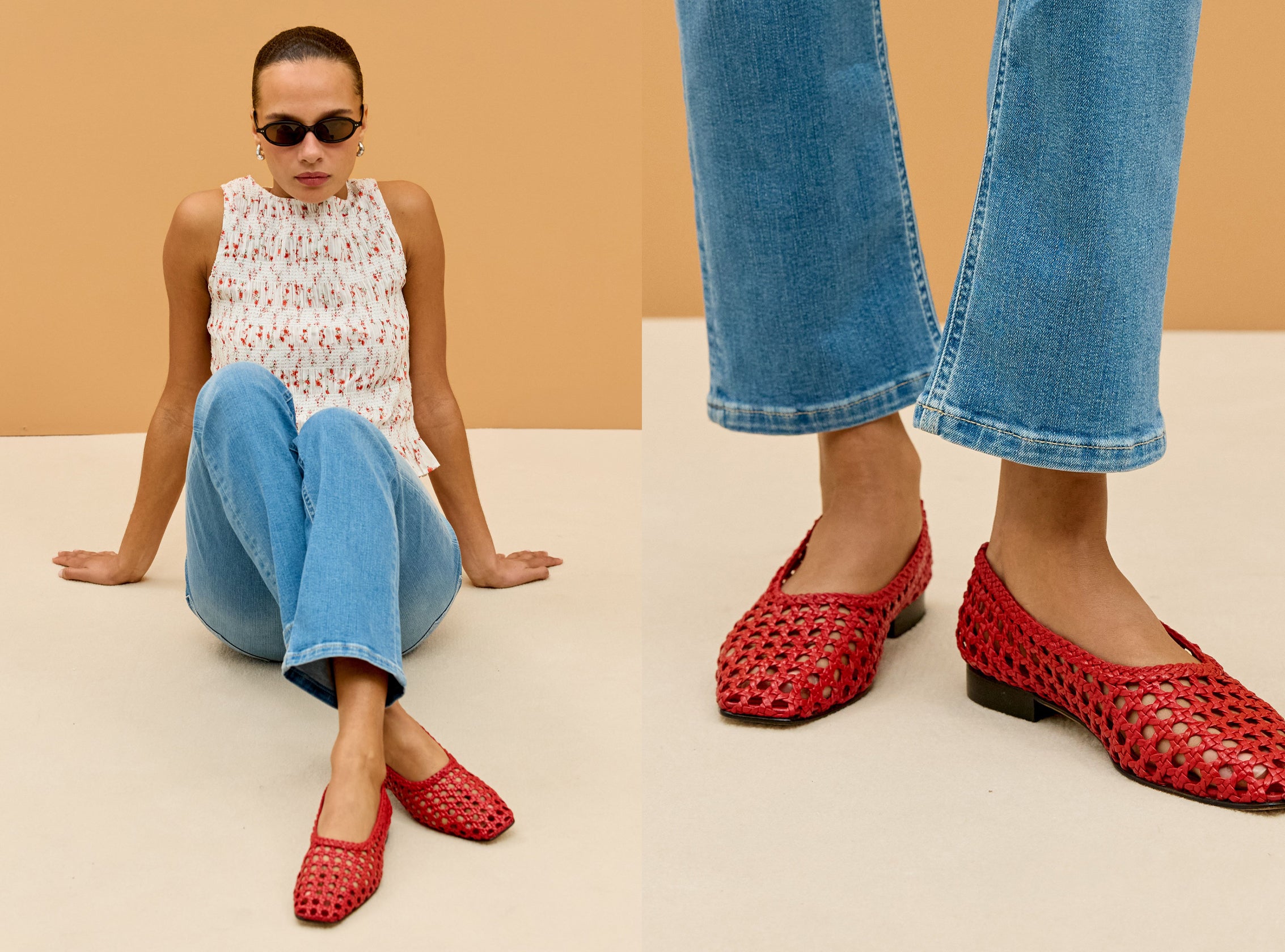 Woman in a floral blouse, blue jeans, and red flats 