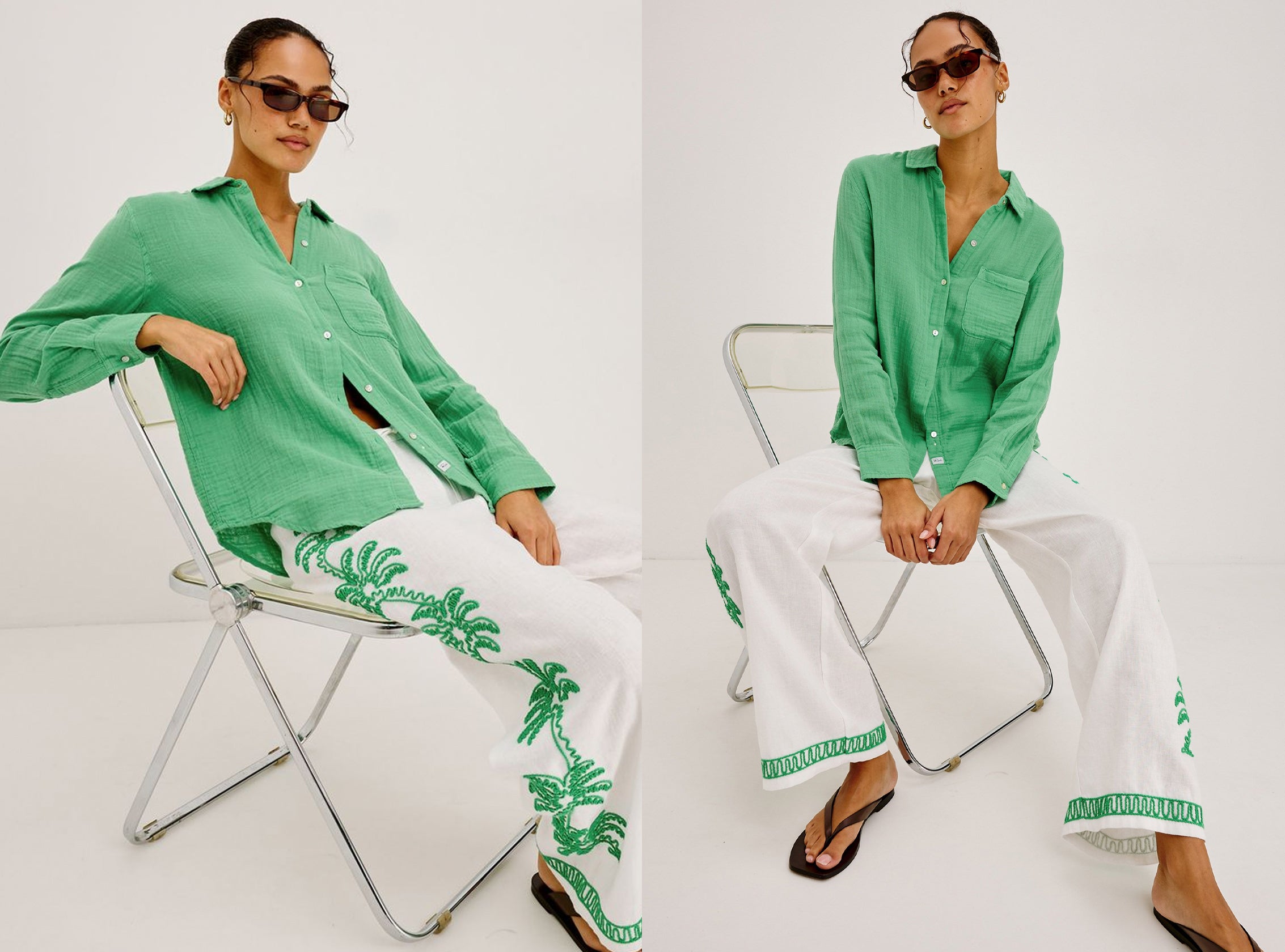 Woman wearing a green gauze top with white pants with green embroidery 